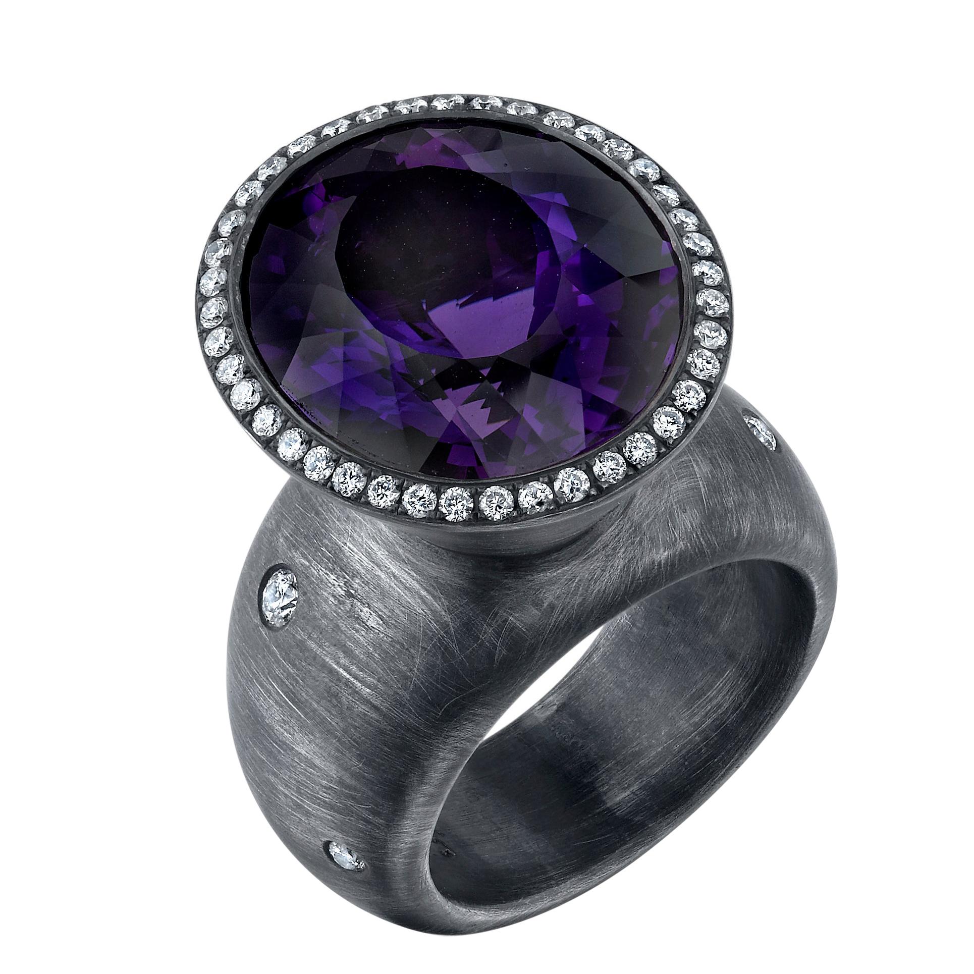 Organic Silver 20ct+ Purple Amethyst Ring, accented with 0.70 Ct Diamonds For Sale