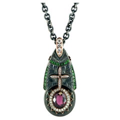 Organic Silver and 18 Karat Rose Gold Cross Pendant with Red and Green Garnets