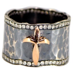 Organic Silver and 18 Karat Yellow Eternity Diamond Cross Ring