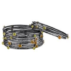 Organic Silver and 18 Karat Yellow Gold Rustic Diamond Bangles