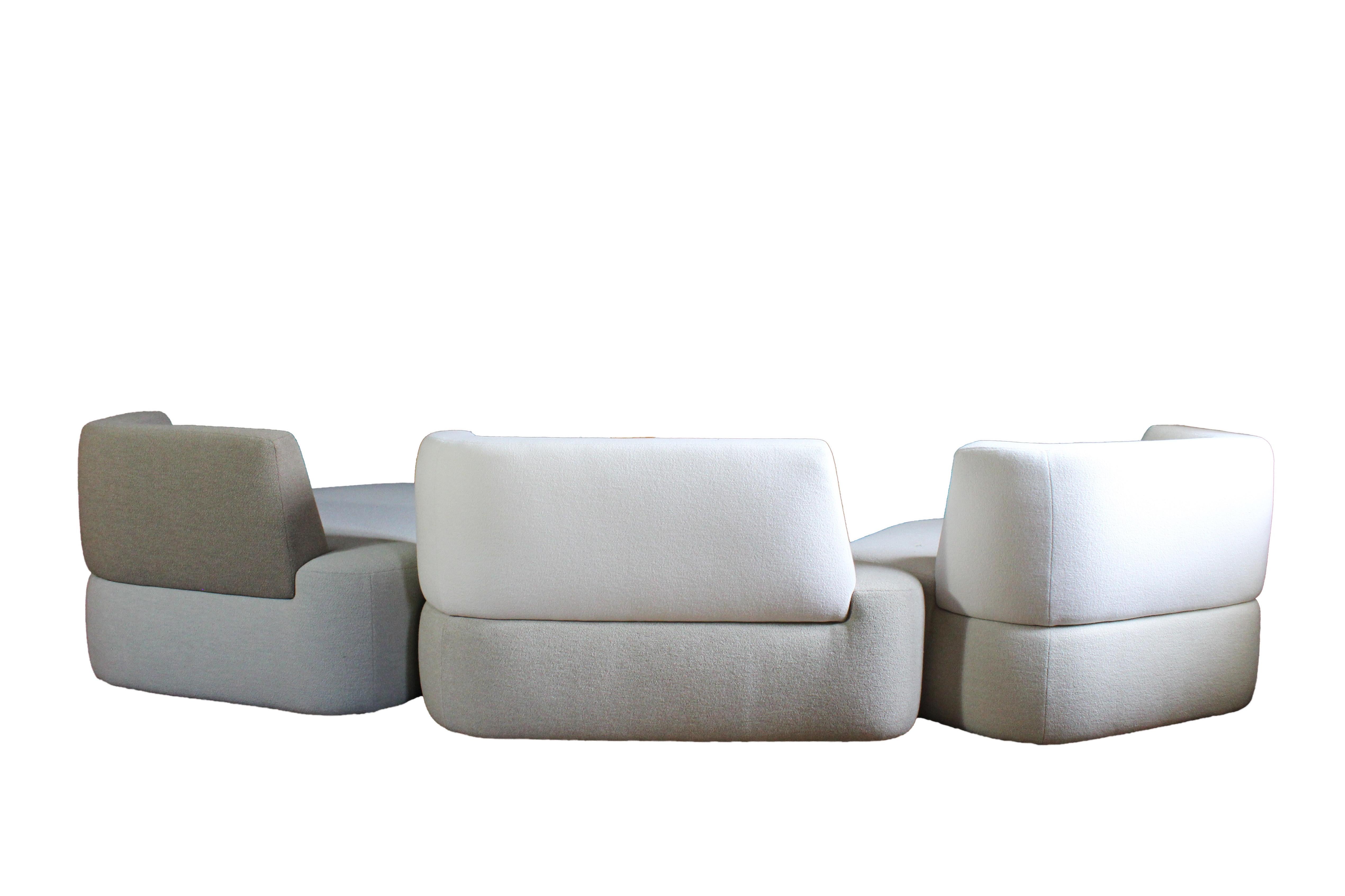 Fabric Organic Sofa in White Cream Brown Wool Handmade in France 3 sets For Sale