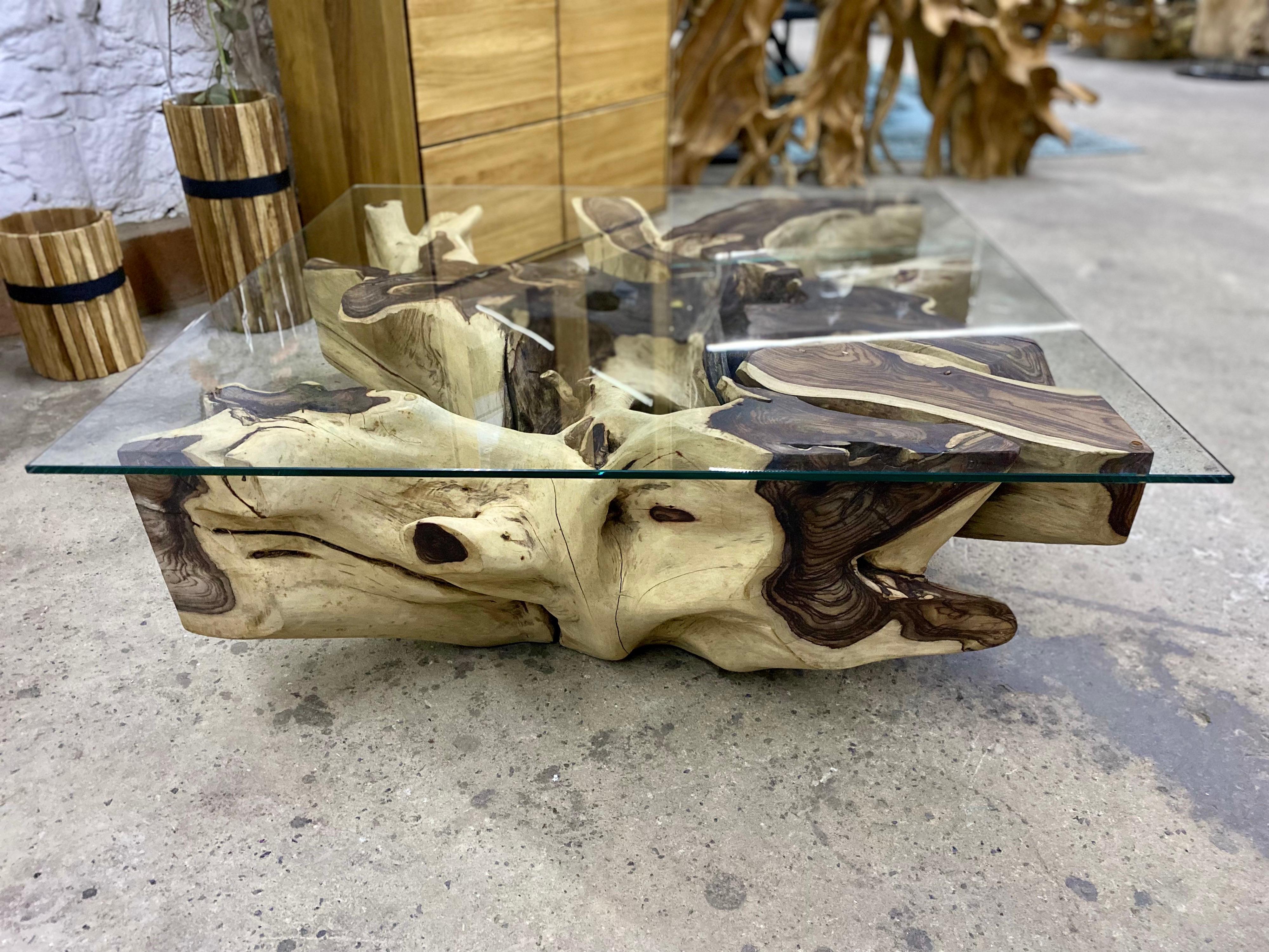 Indonesian Organic Sonokeling Root Table with Safety Glass Table Top, Contemporary 2021 For Sale