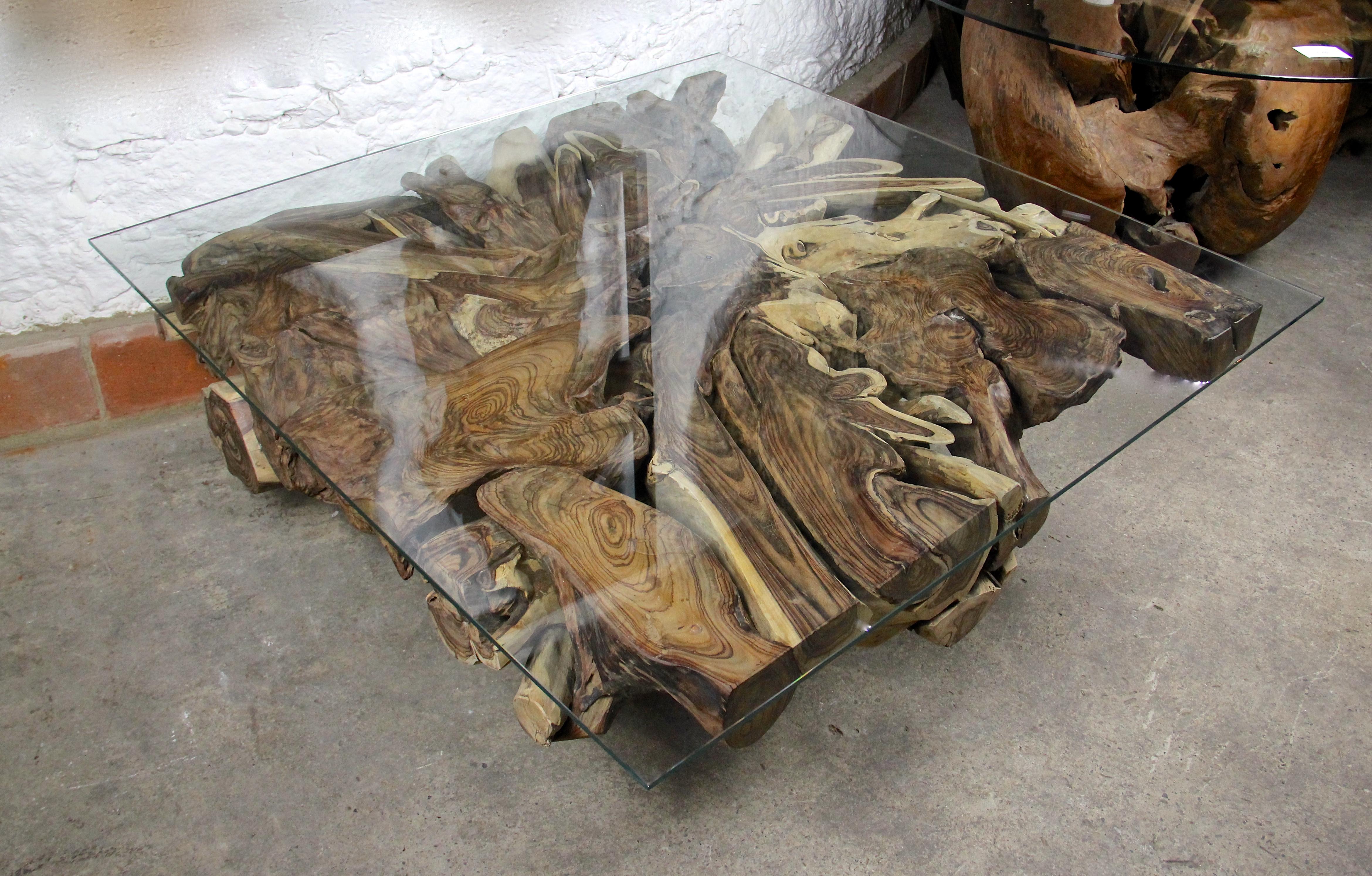 Organic Sonokeling Wood Root Table with Safety Glass Table Top 5