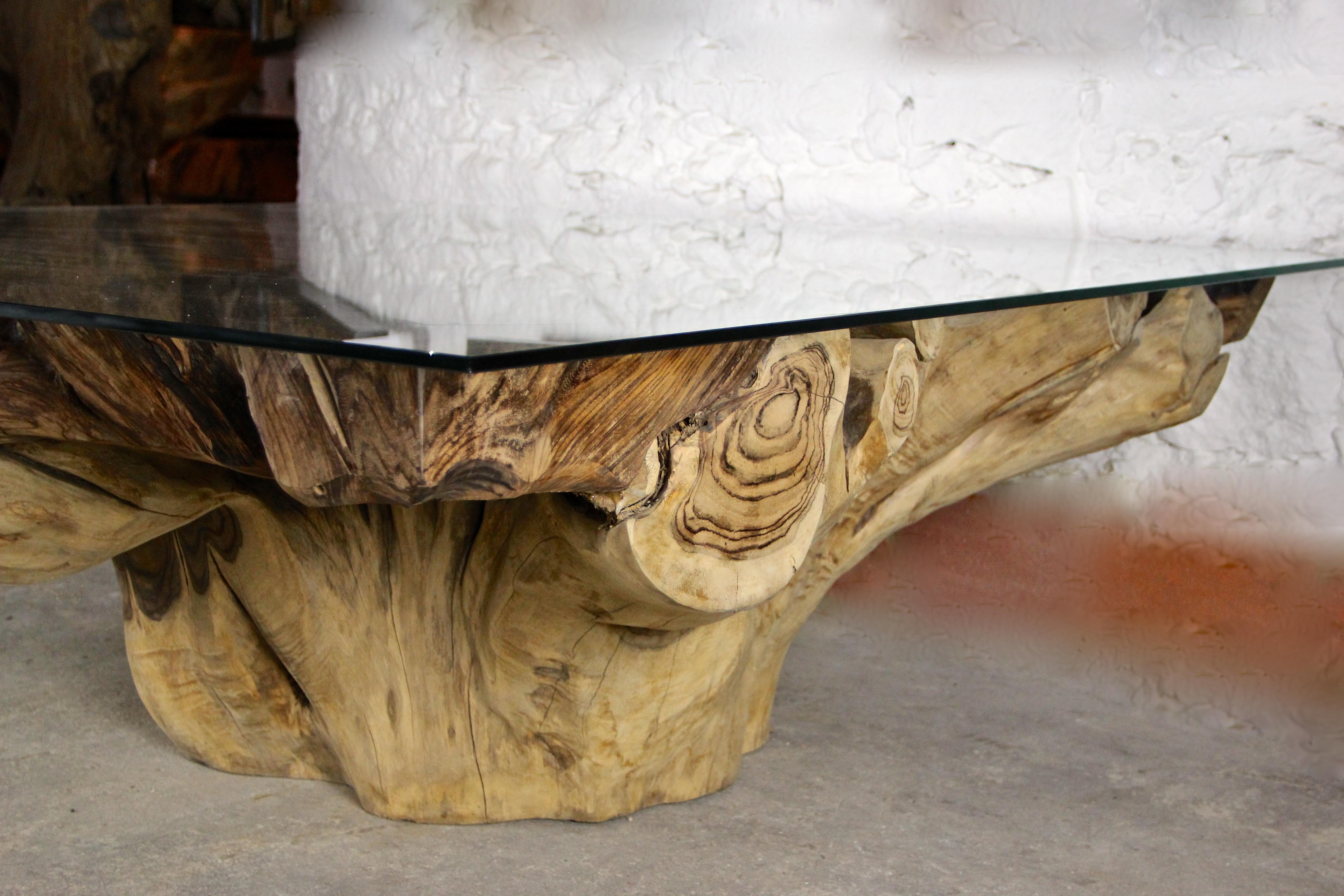 Organic Sonokeling Wood Root Table with Safety Glass Table Top 7
