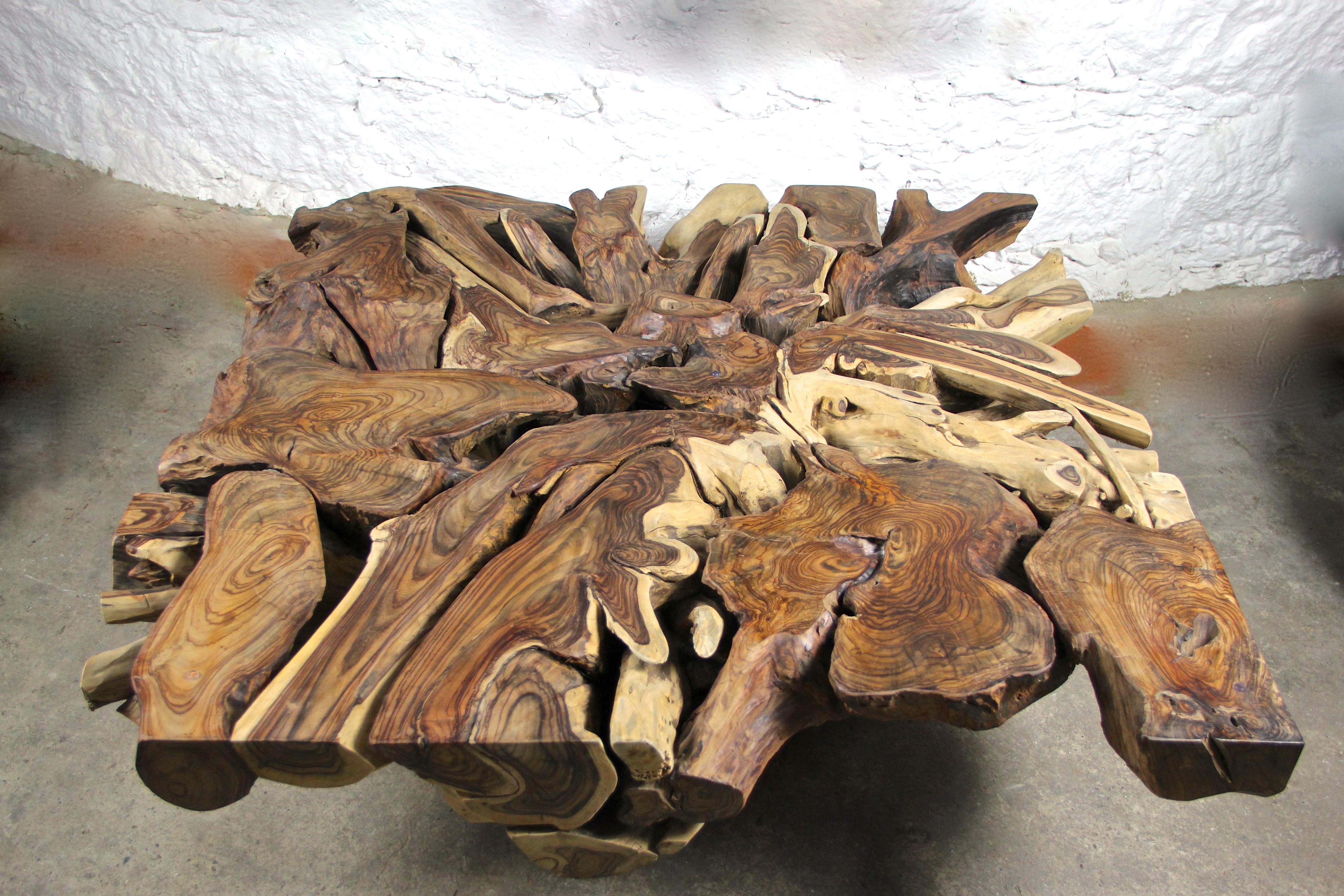 Massive organic Sonokeling wood root table, cutted out of one enormous root. This large square shaped one-of-a-kind coffee table is a real masterpiece and shows a fantastic play of colors and contrast. On top you find a security glass plate. An