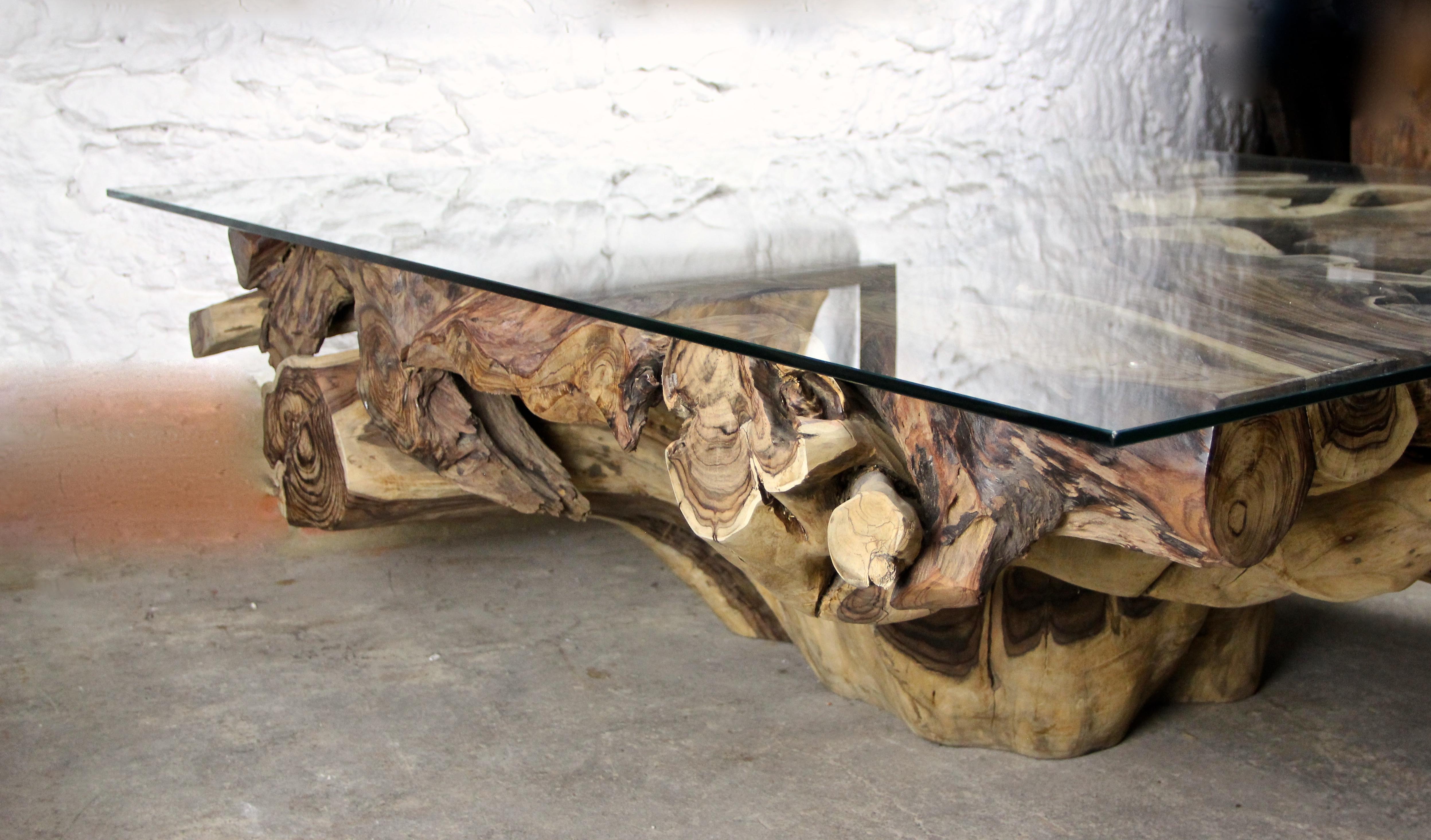 Organic Sonokeling Wood Root Table with Safety Glass Table Top 3