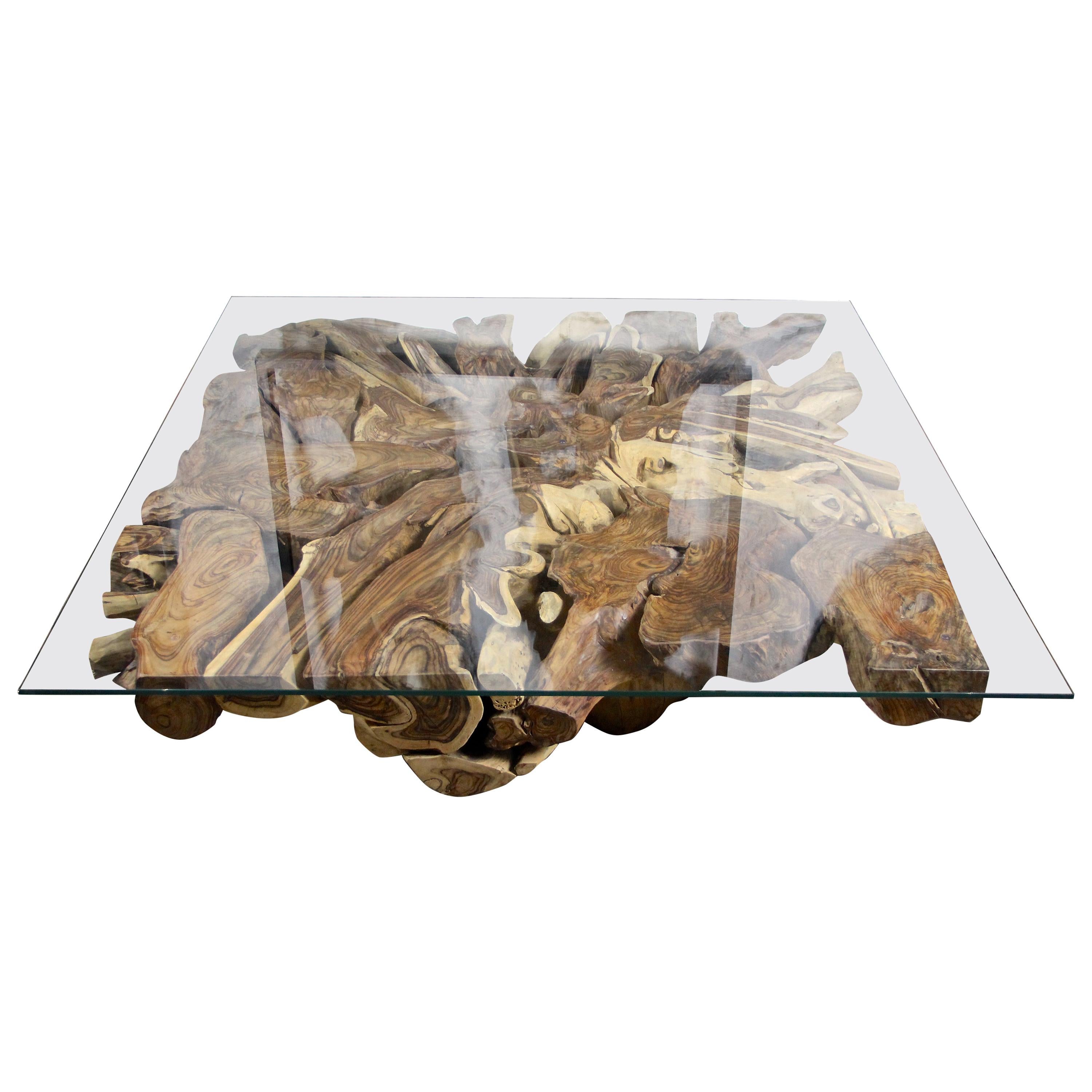 Organic Sonokeling Wood Root Table with Safety Glass Table Top