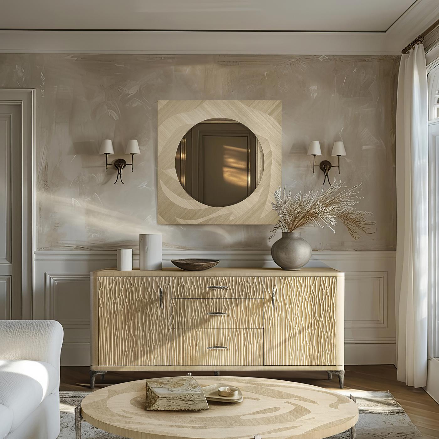 The natural grain and rich tones of the Koto veneer add depth and warmth, making this mirror a statement piece that enhances any luxurious space.

The mirror features a solid sycamore wood frame. The interplay of light and texture creates a dynamic
