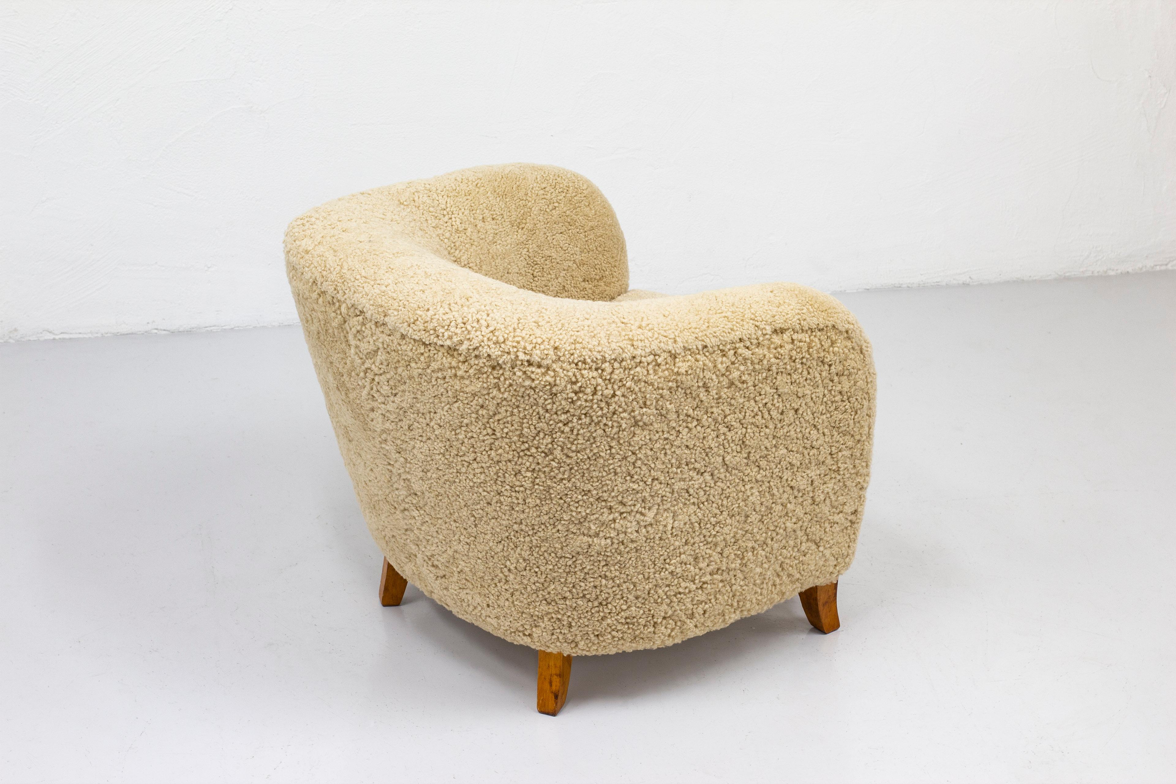 Scandinavian Modern Organic Swedish Modern Lounge Chair with Sheepskin Upholstery, Sweden, 1940s