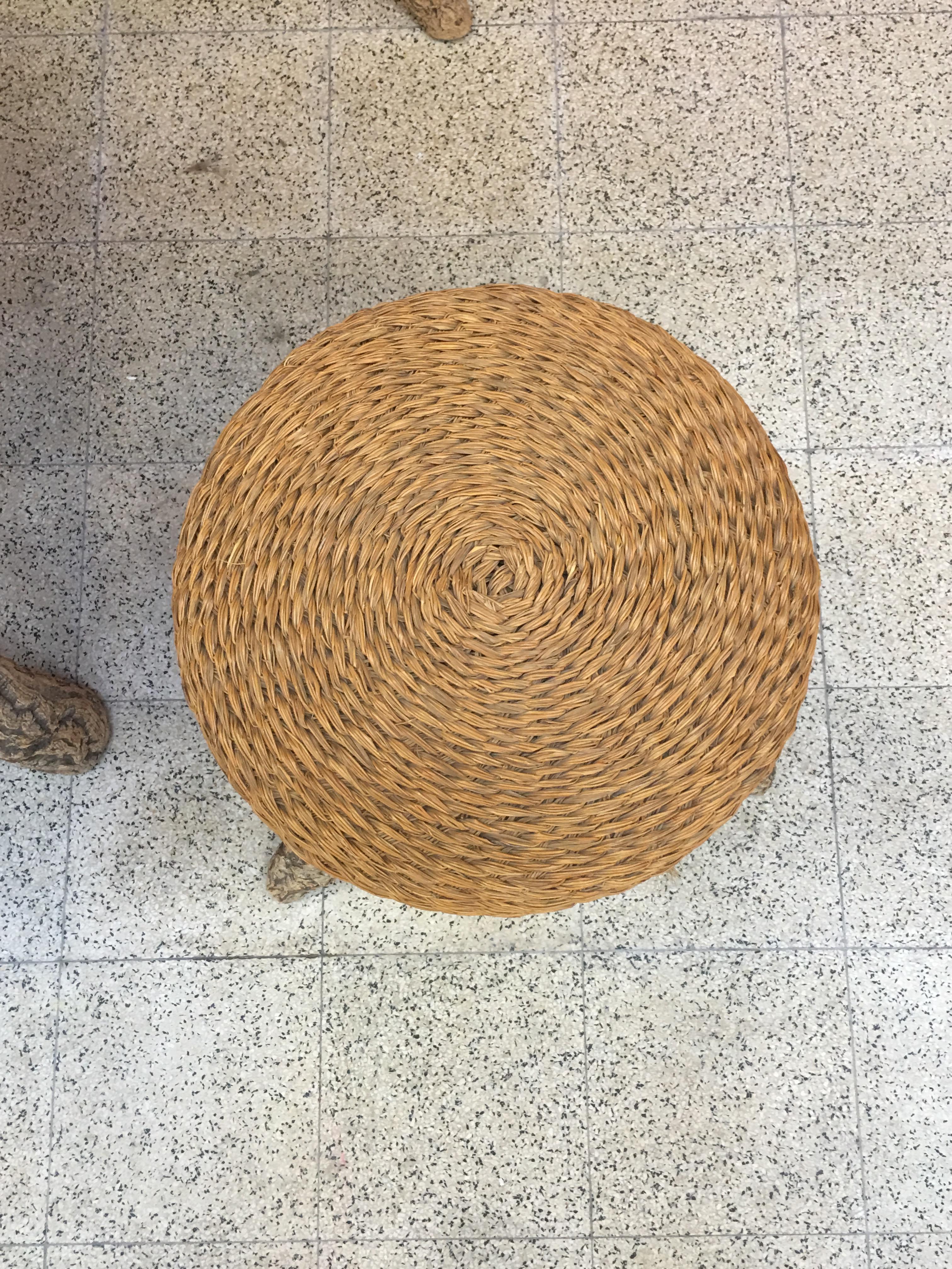 Organic Table and Its 4 Stools, Rattan, Rafia, Rope and Branches, circa 1970 For Sale 4