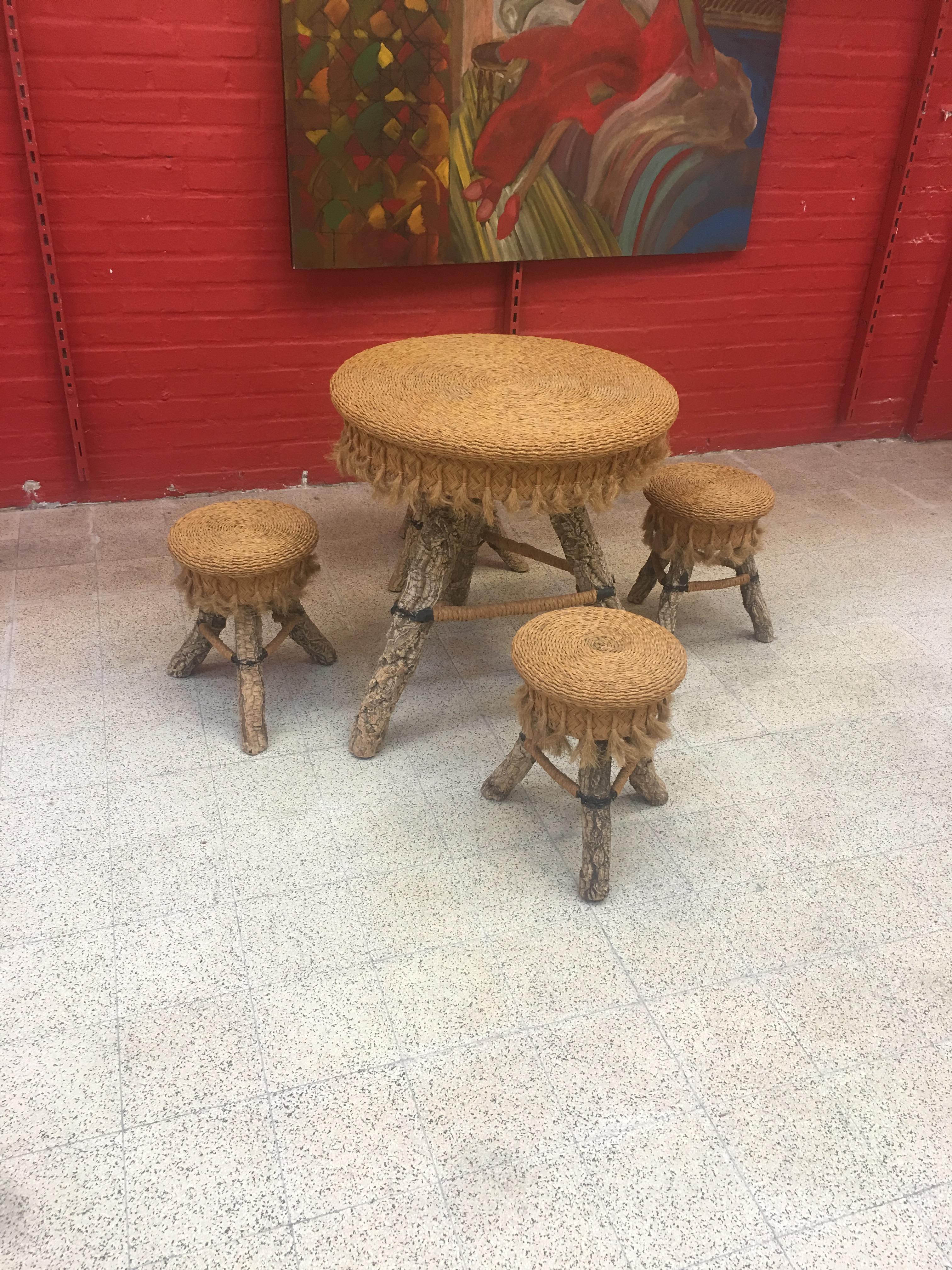 Organic Table and Its 4 Stools, Rattan, Rafia, Rope and Branches, circa 1970 For Sale 6
