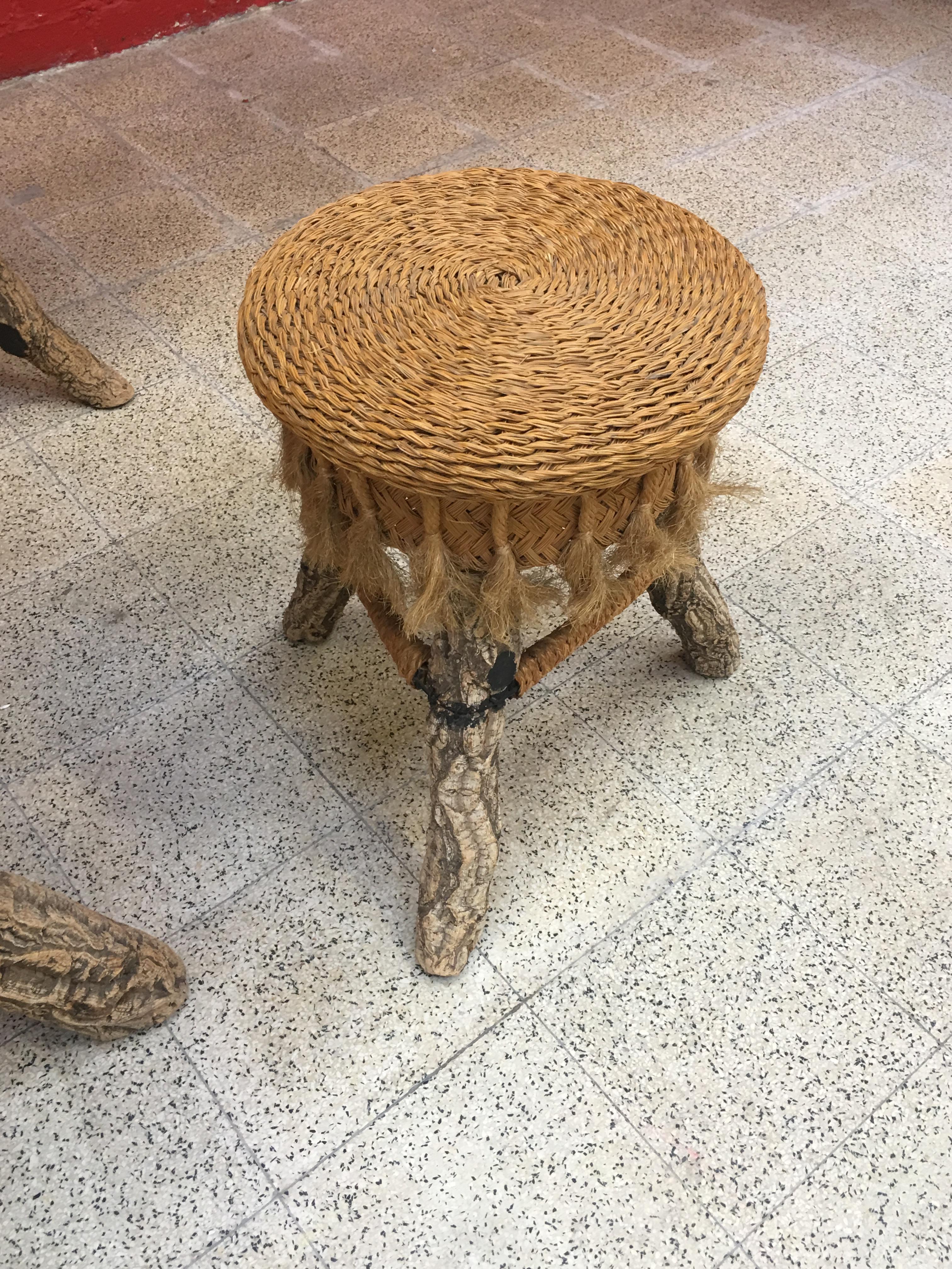 Organic Table and Its 4 Stools, Rattan, Rafia, Rope and Branches, circa 1970 For Sale 7