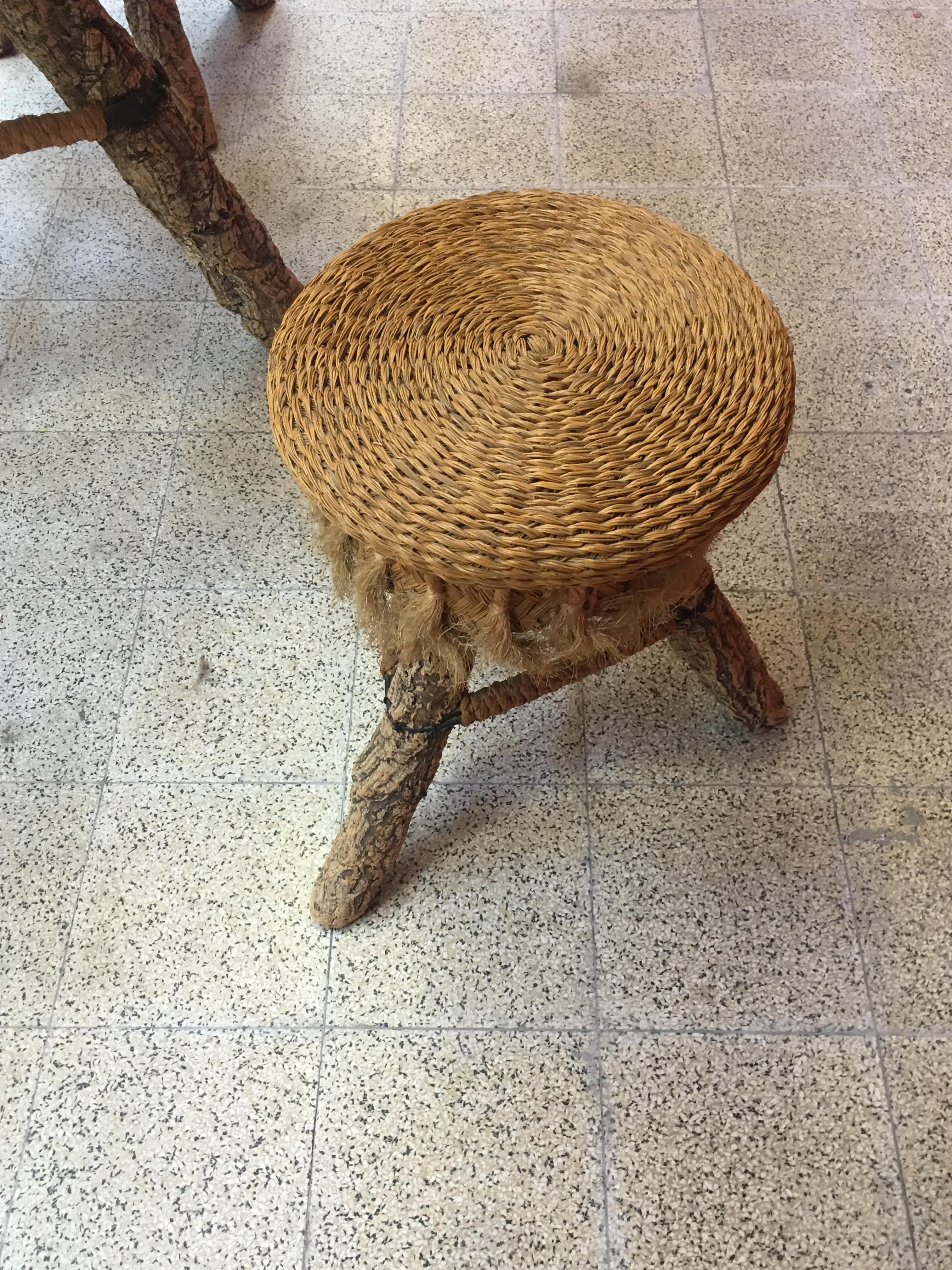 Organic Table and Its 4 Stools, Rattan, Rafia, Rope and Branches, circa 1970 For Sale 8