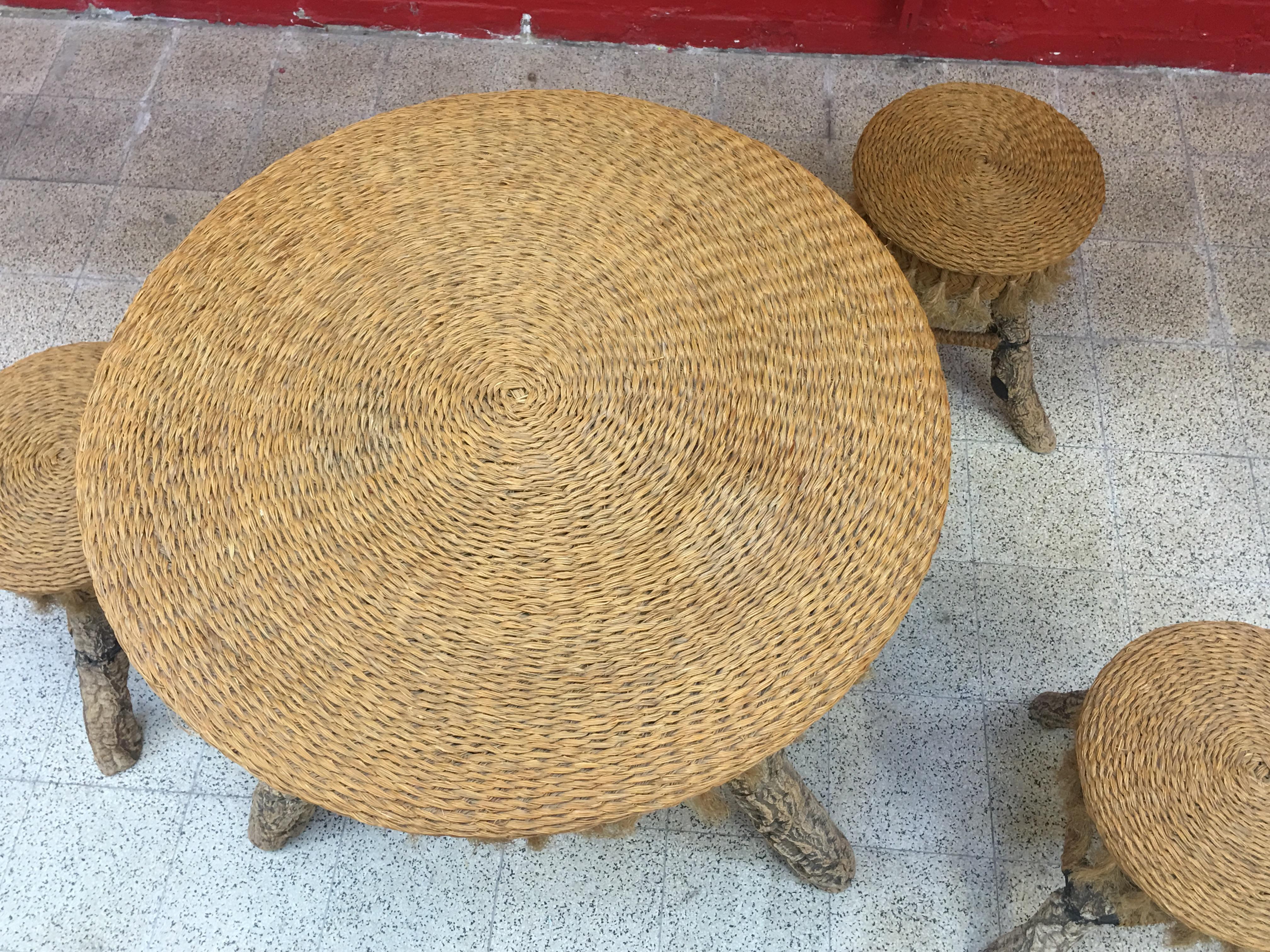 Organic Table and Its 4 Stools, Rattan, Rafia, Rope and Branches, circa 1970 For Sale 10