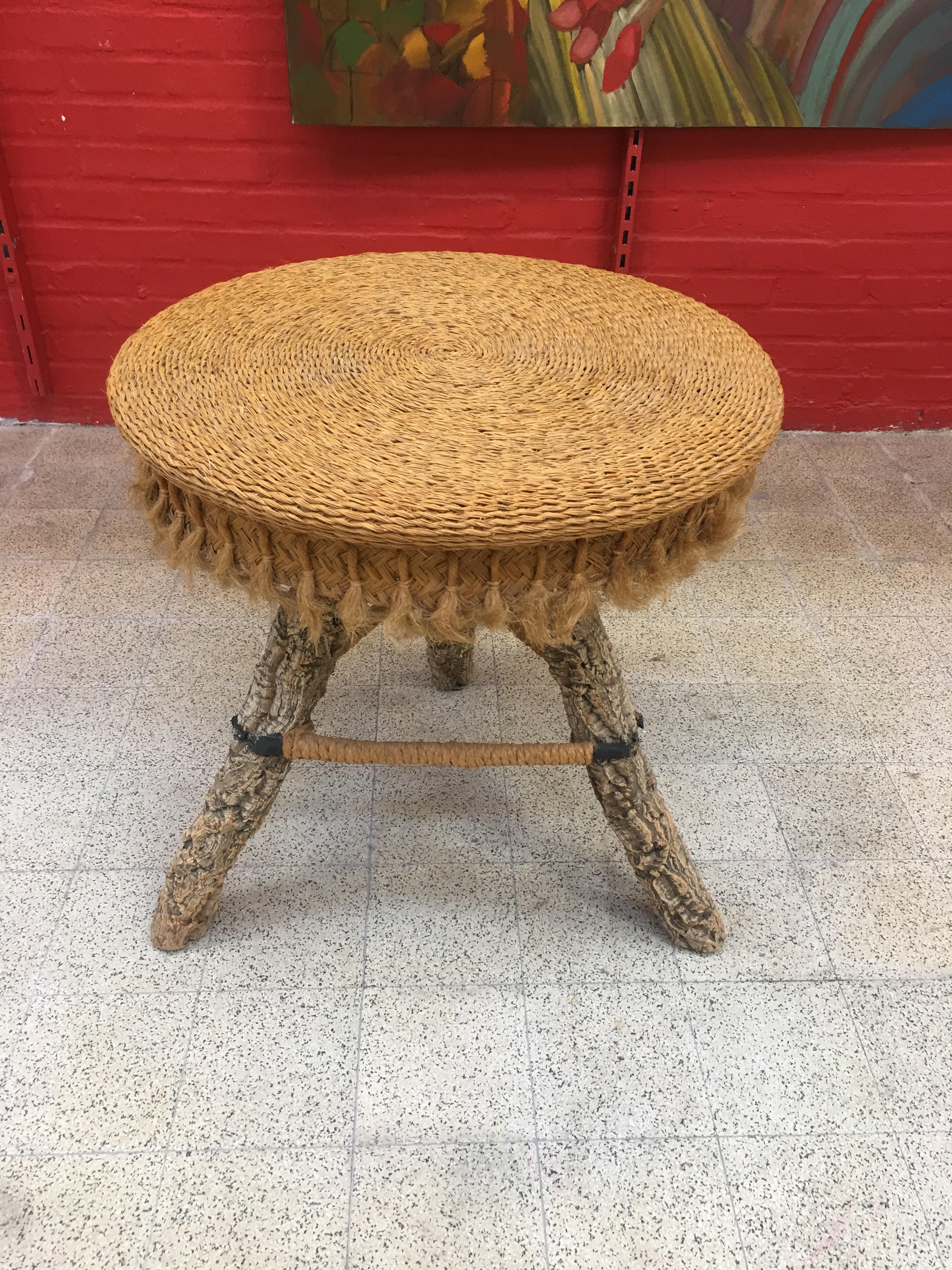 Organic Table and Its 4 Stools, Rattan, Rafia, Rope and Branches, circa 1970 For Sale 11