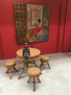 Organic Table and Its 4 Stools, Rattan, Rafia, Rope and Branches, circa 1970