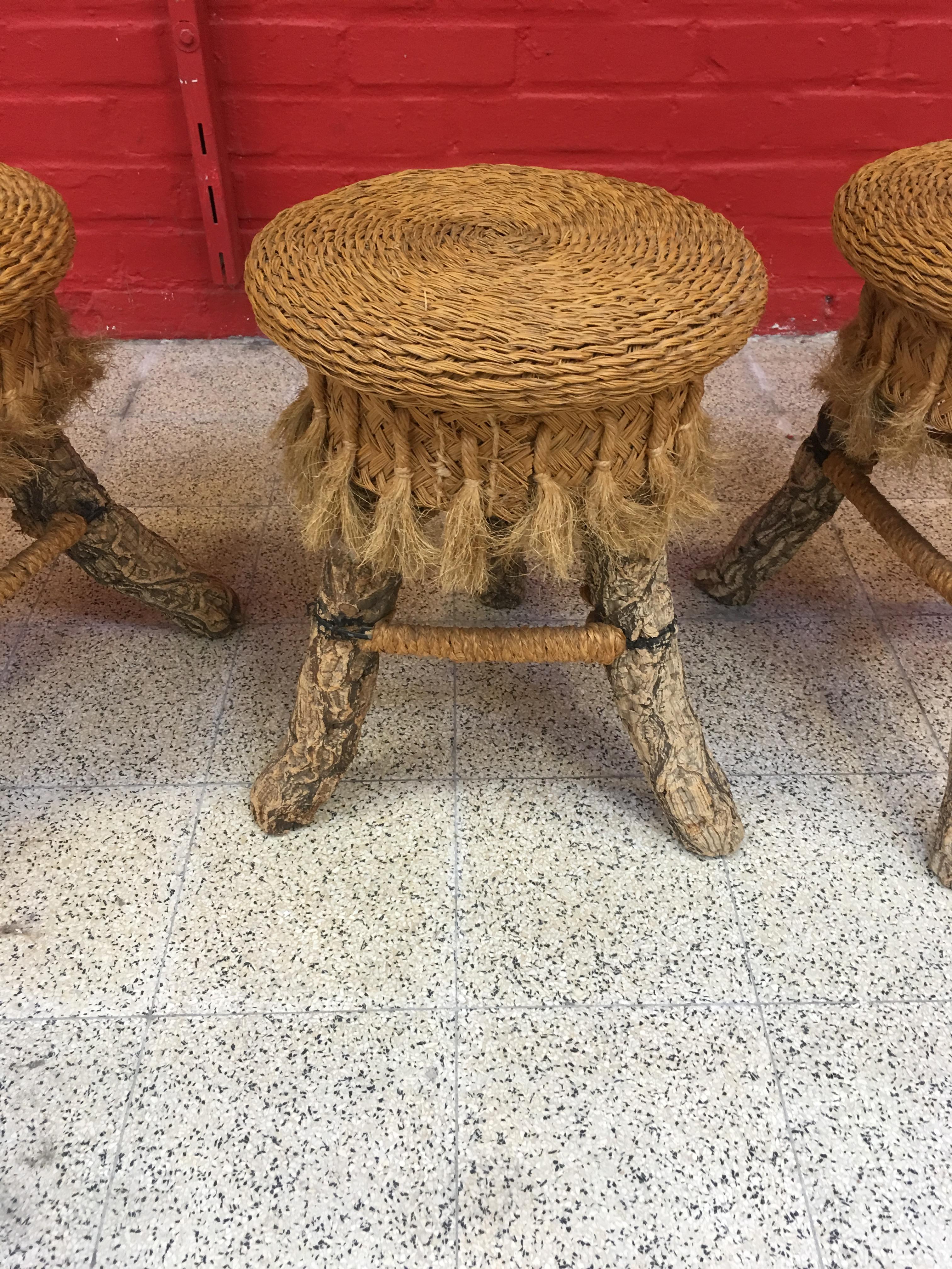 Organic Table and Its 4 Stools, Rattan, Rafia, Rope and Branches, circa 1970 For Sale 13