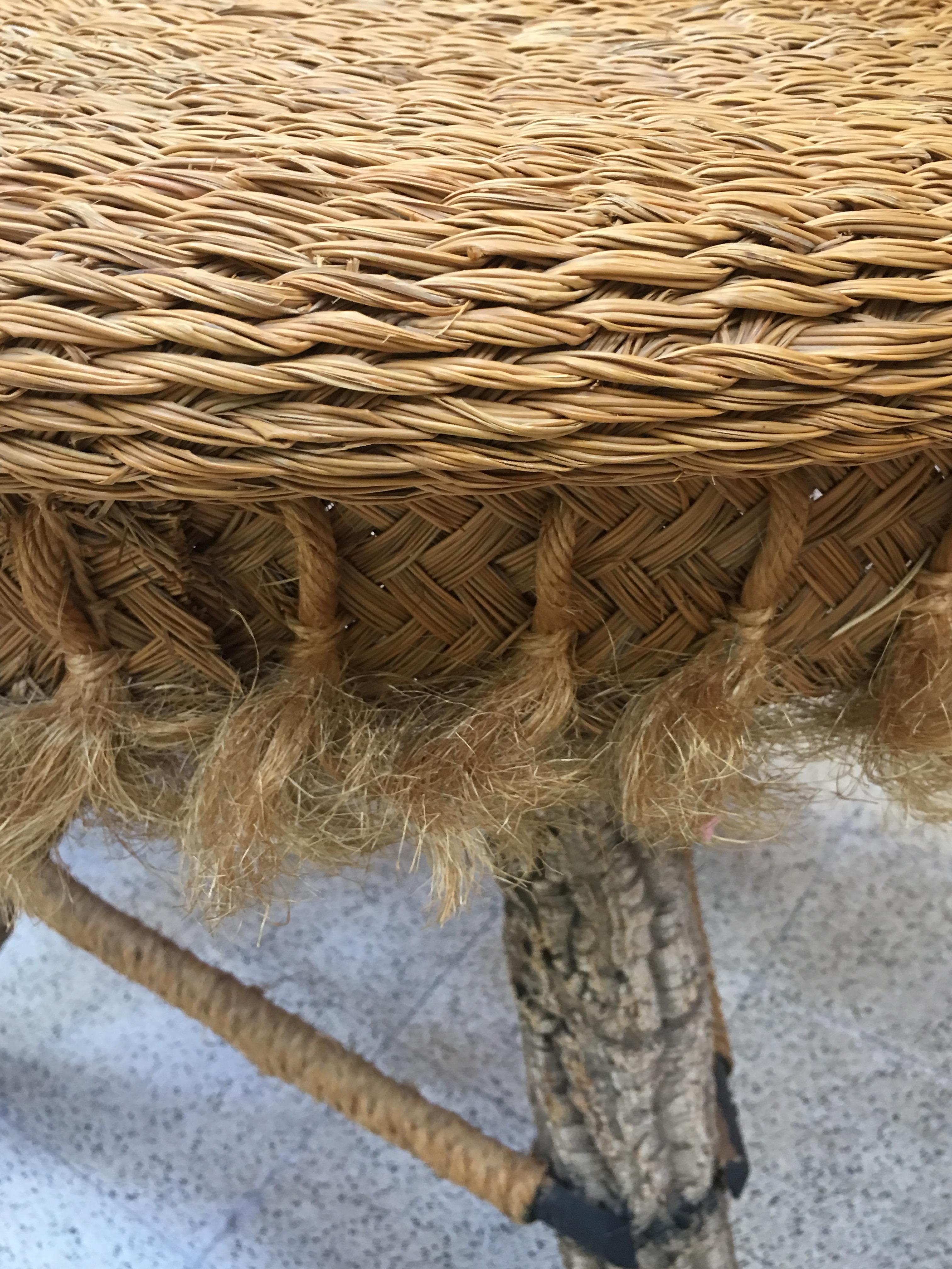 Organic Table and Its 4 Stools, Rattan, Rafia, Rope and Branches, circa 1970 In Good Condition For Sale In Saint-Ouen, FR