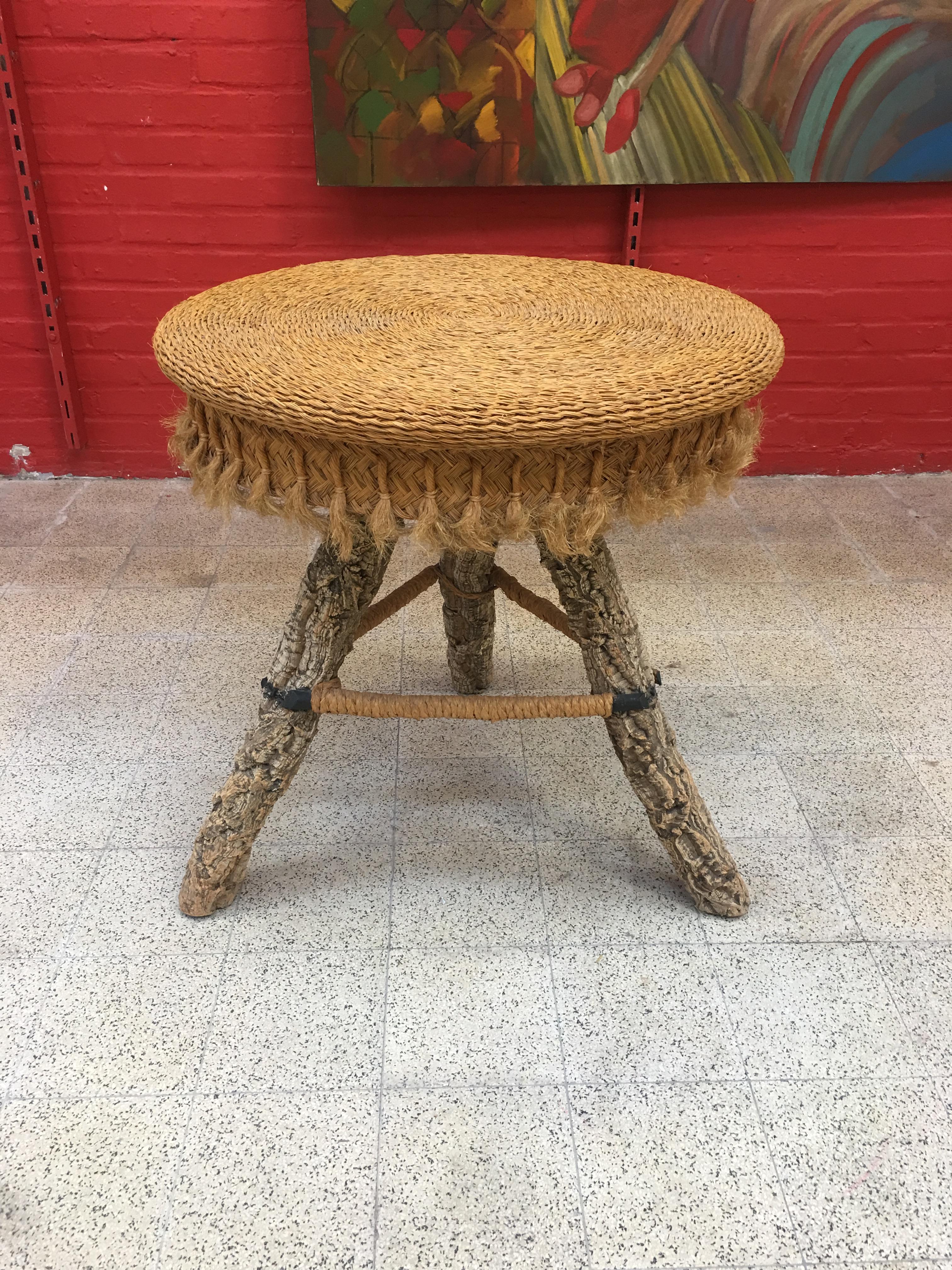 Late 20th Century Organic Table and Its 4 Stools, Rattan, Rafia, Rope and Branches, circa 1970 For Sale