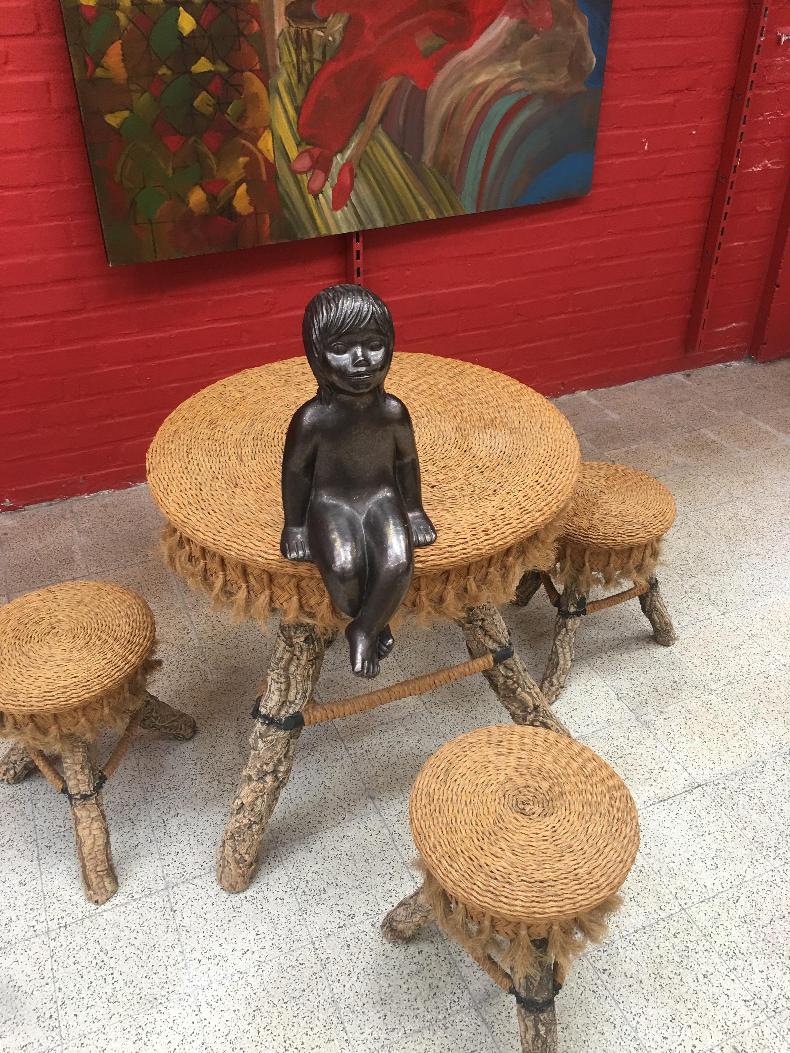 Raffia Organic Table and Its 4 Stools, Rattan, Rafia, Rope and Branches, circa 1970 For Sale