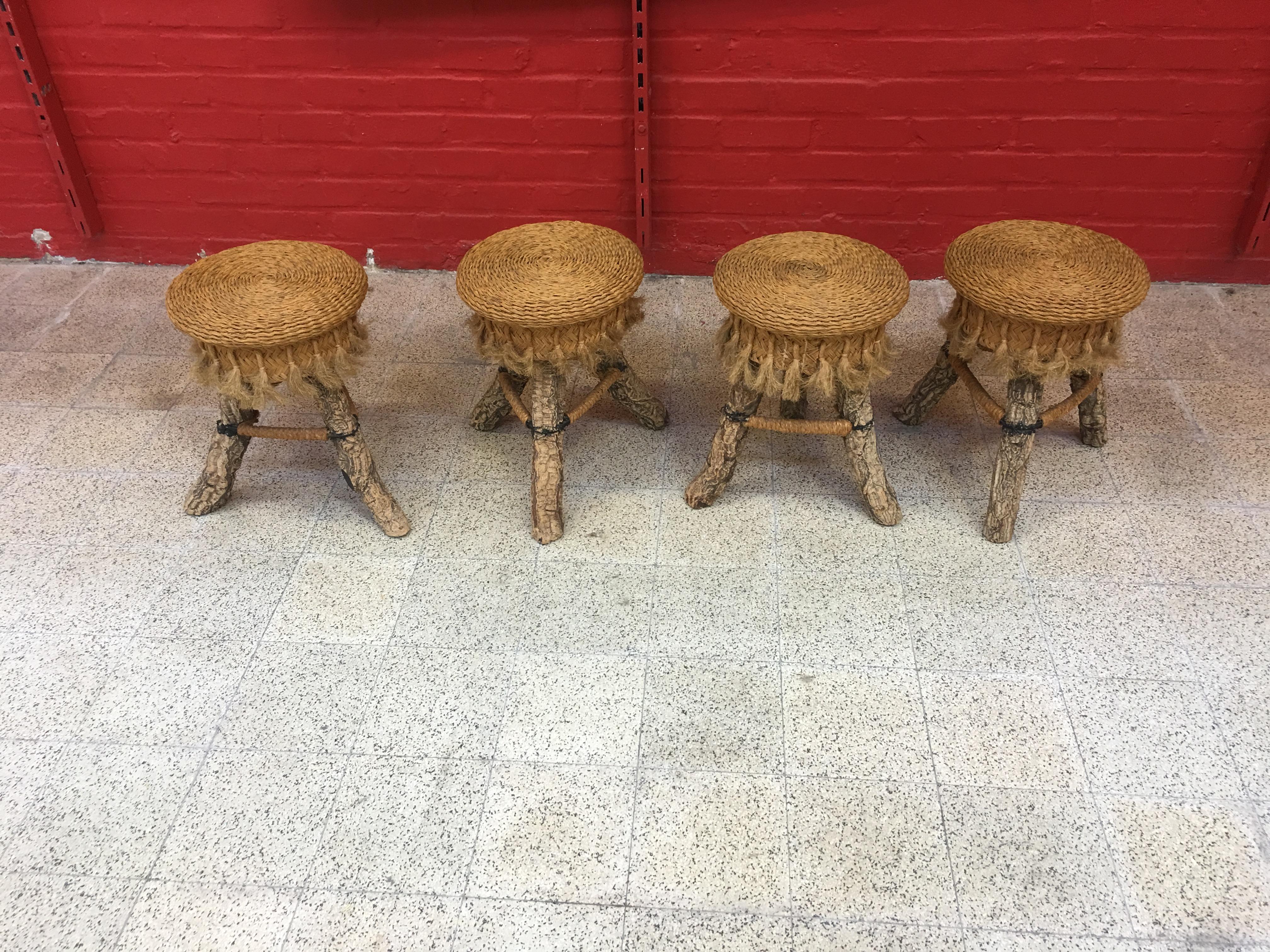 Organic Table and Its 4 Stools, Rattan, Rafia, Rope and Branches, circa 1970 For Sale 2