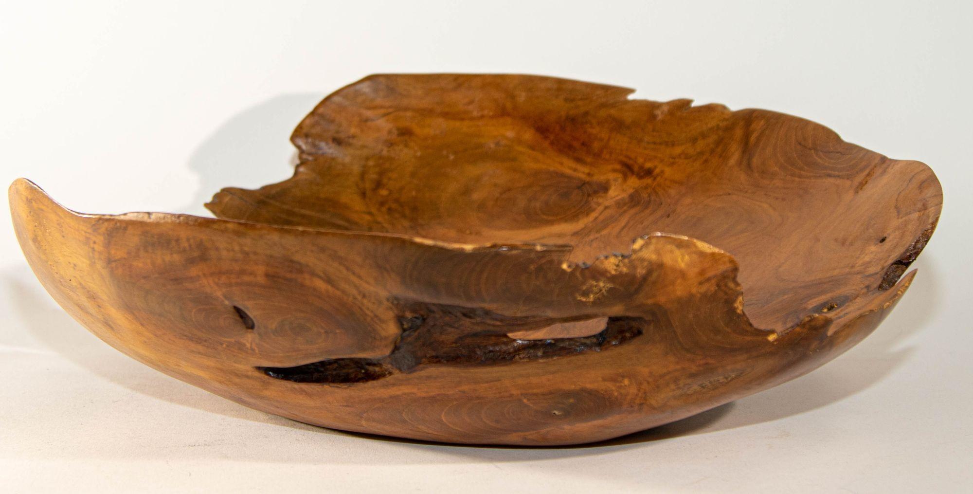 Organic Modern Organic Teak Burl Wood Bowl Natural Free Form Live Edge Sculptural Root Vessel