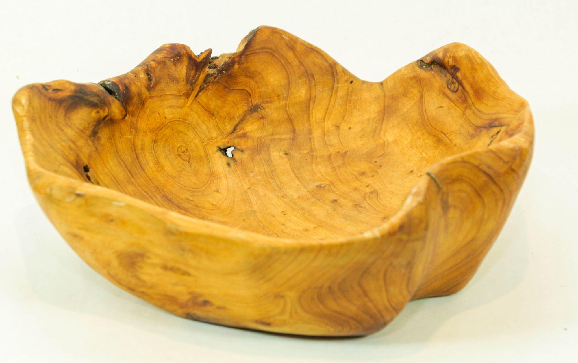 Organic Modern Organic Teak Burl Wood Bowl Natural Free Form Live Edge Sculptural Root Vessel For Sale