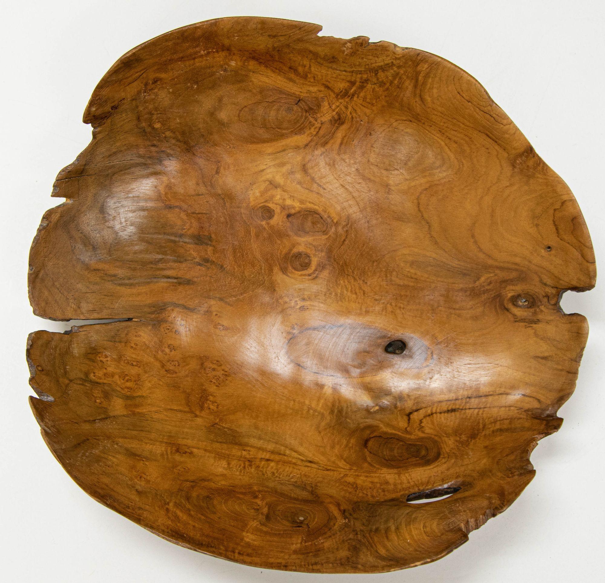 Organic Teak Burl Wood Bowl Natural Free Form Live Edge Sculptural Root Vessel In Good Condition In North Hollywood, CA