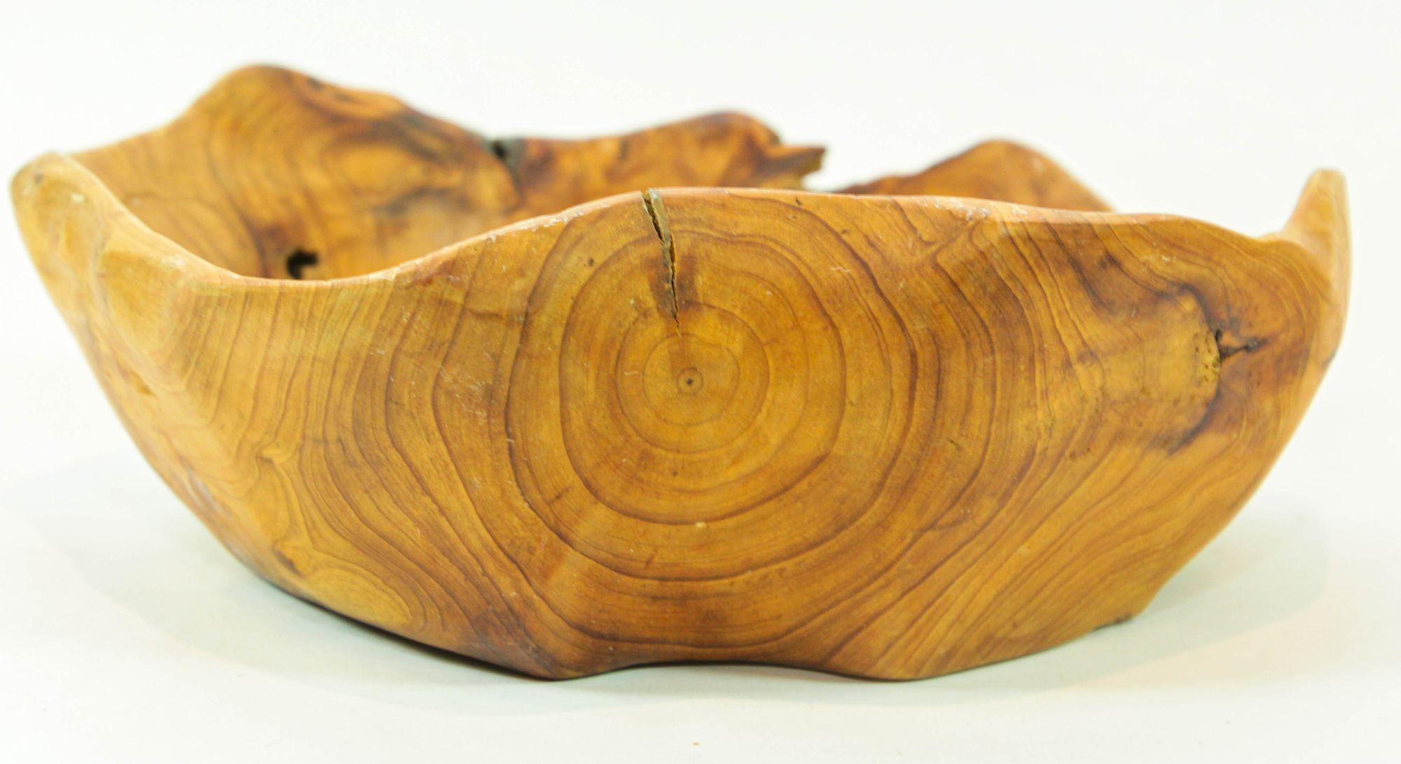 20th Century Organic Teak Burl Wood Bowl Natural Free Form Live Edge Sculptural Root Vessel For Sale