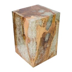 Organic Teak Wood and Cracked Resin Cube Table