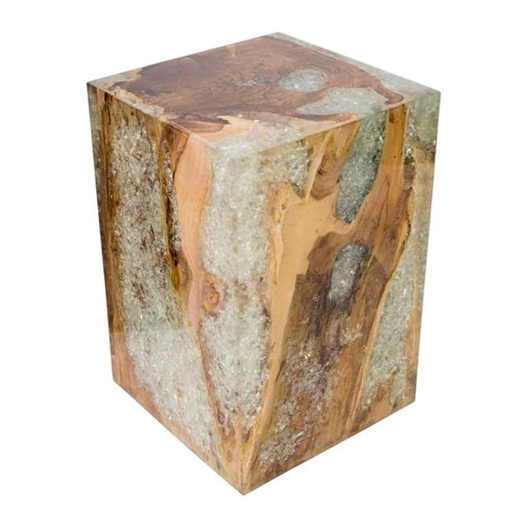 Contemporary Organic Modern Teak Wood and Cracked Resin Side Table For Sale