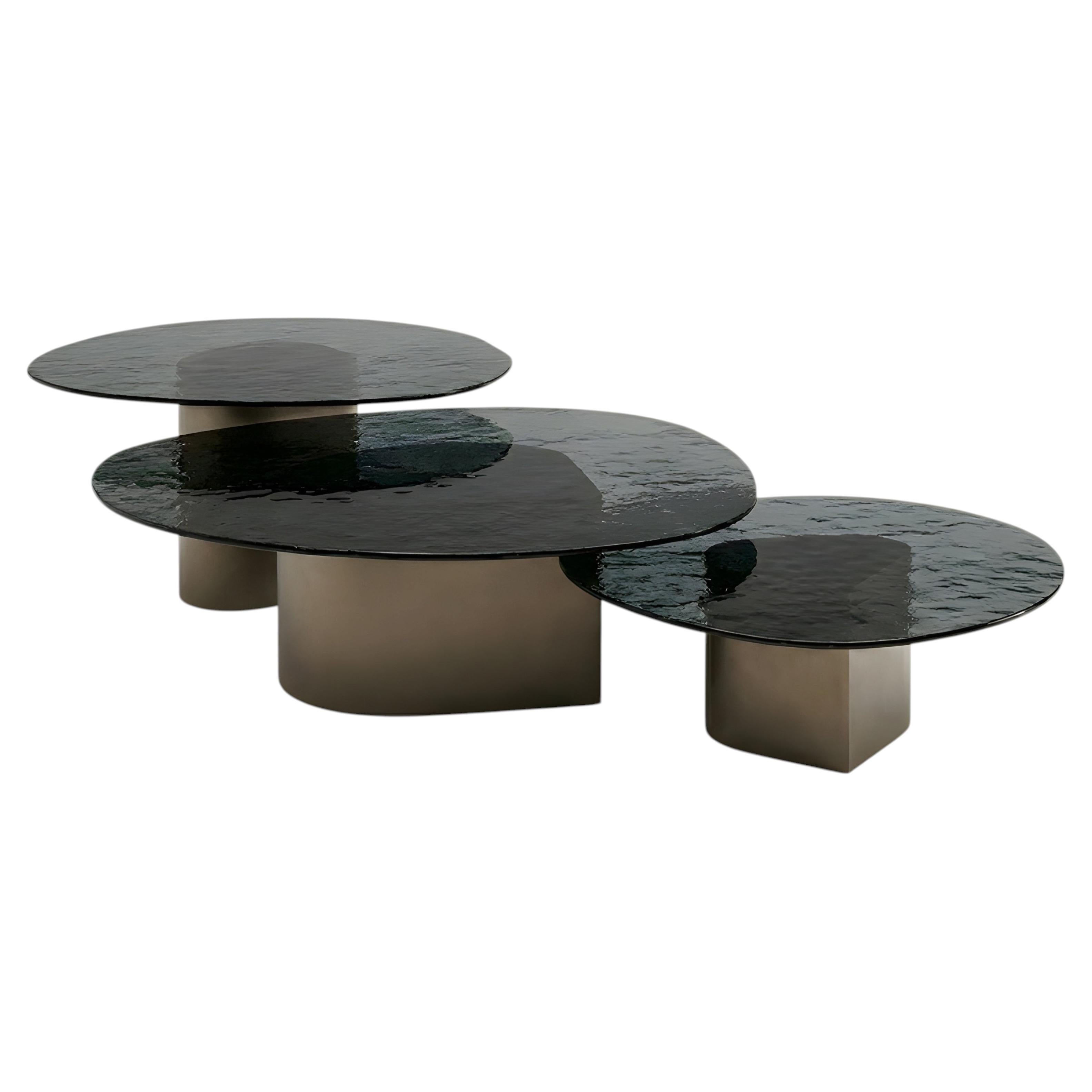 Organic Three-Piece Coffee Table Set in Fusion Glass and Silver Metal Base