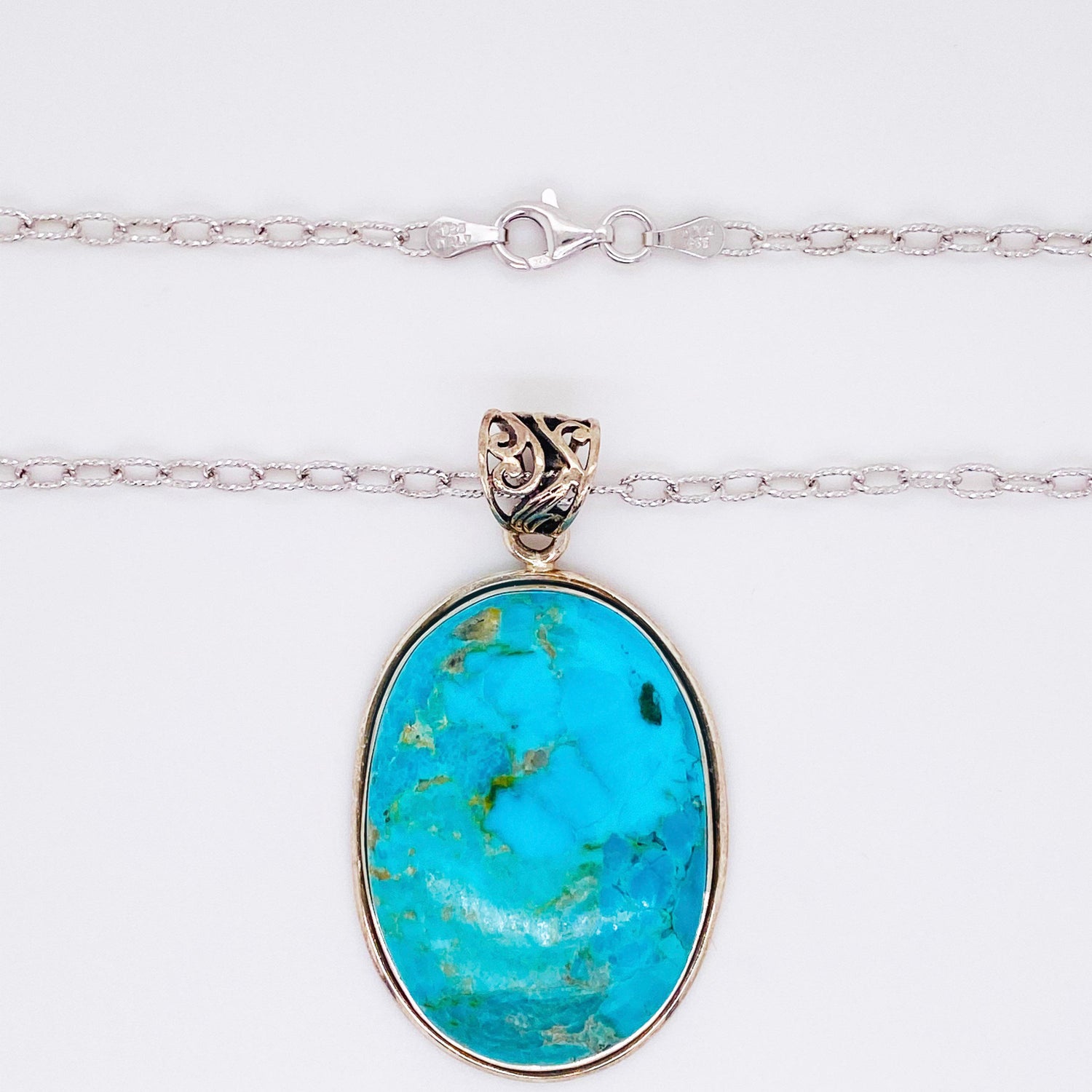 925 Sterling Silver Pendant Oval NEW Filigree Synthetic Turquoise Necklace