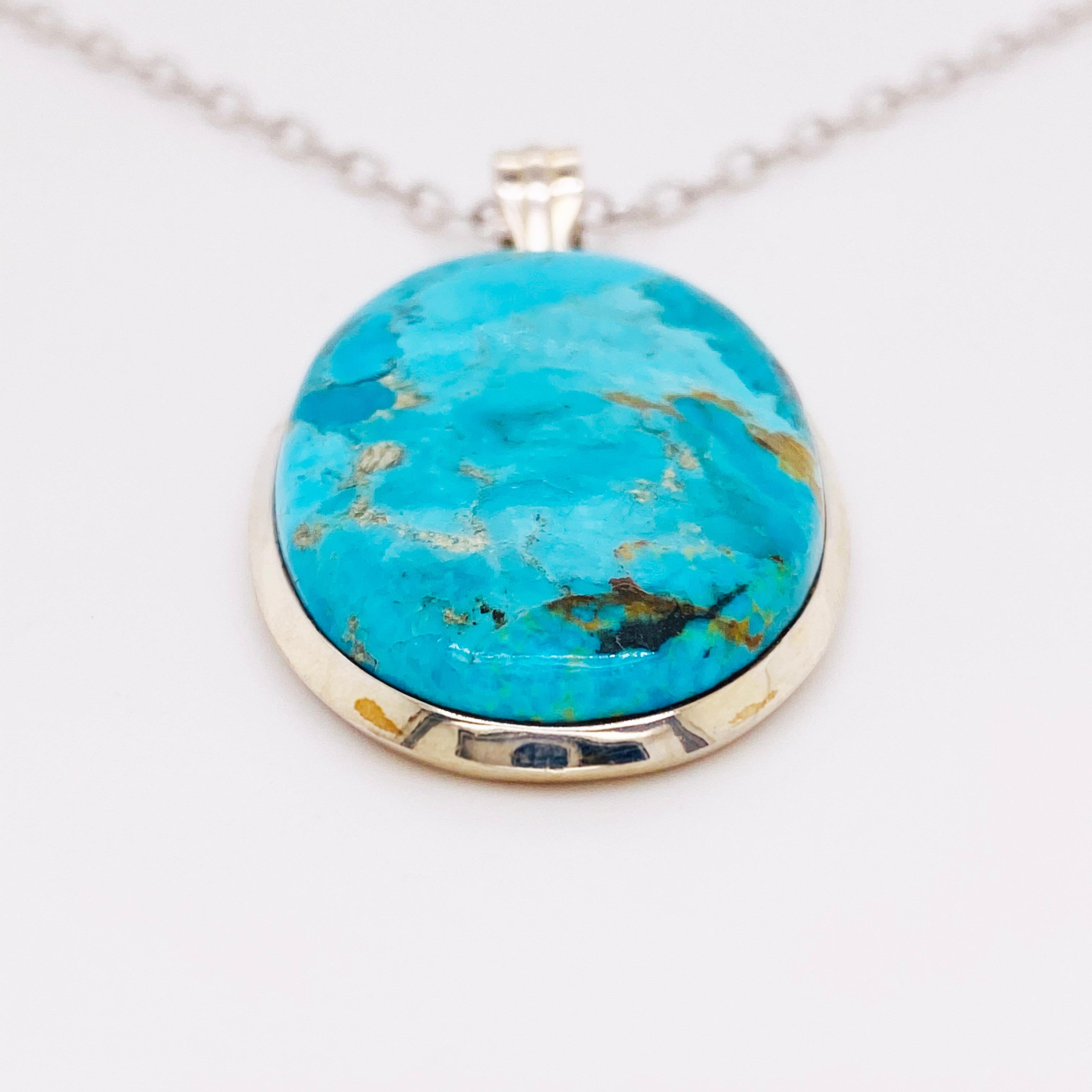 Artisan Organic Turquoise Pendant in Sterling Silver w Handmade Bezel w Oval Cable Chain