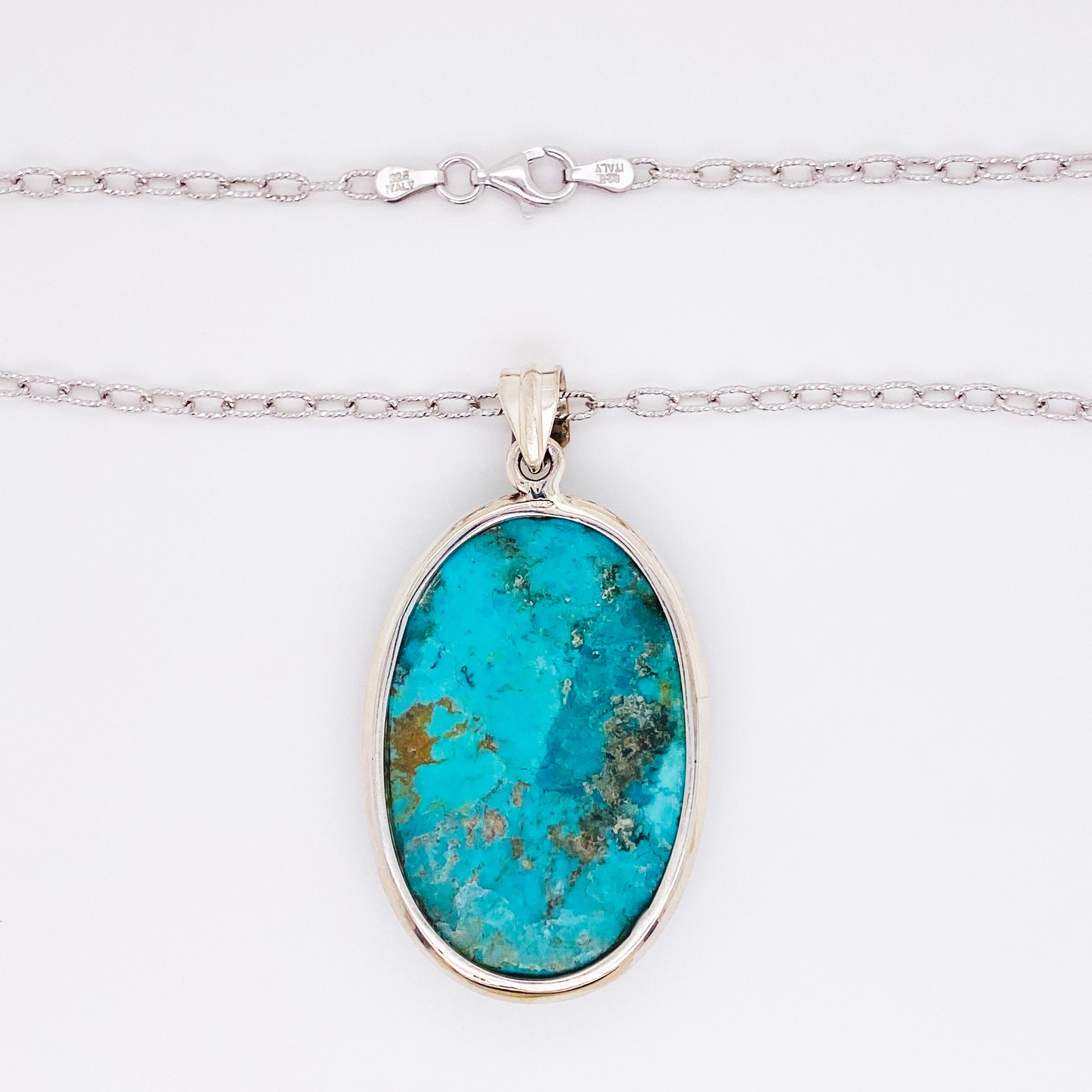 Oval Cut Organic Turquoise Pendant in Sterling Silver w Handmade Bezel w Oval Cable Chain