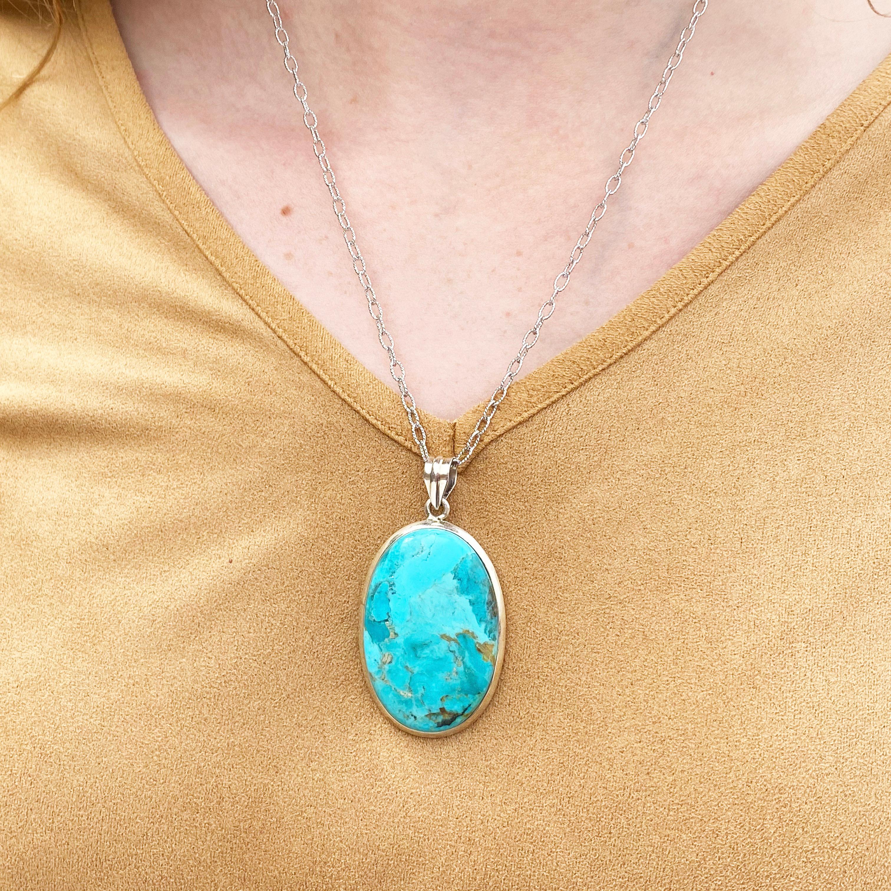 Organic Turquoise Pendant in Sterling Silver w Handmade Bezel w Oval Cable Chain In New Condition In Austin, TX