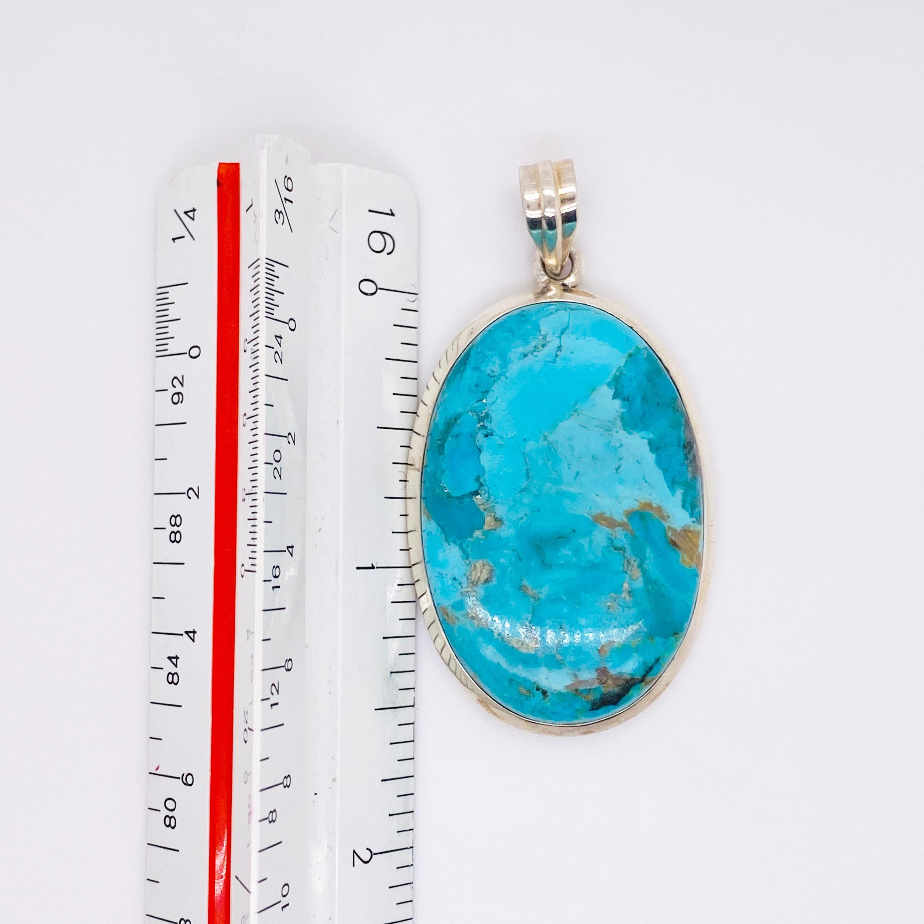 Women's or Men's Organic Turquoise Pendant in Sterling Silver w Handmade Bezel w Oval Cable Chain