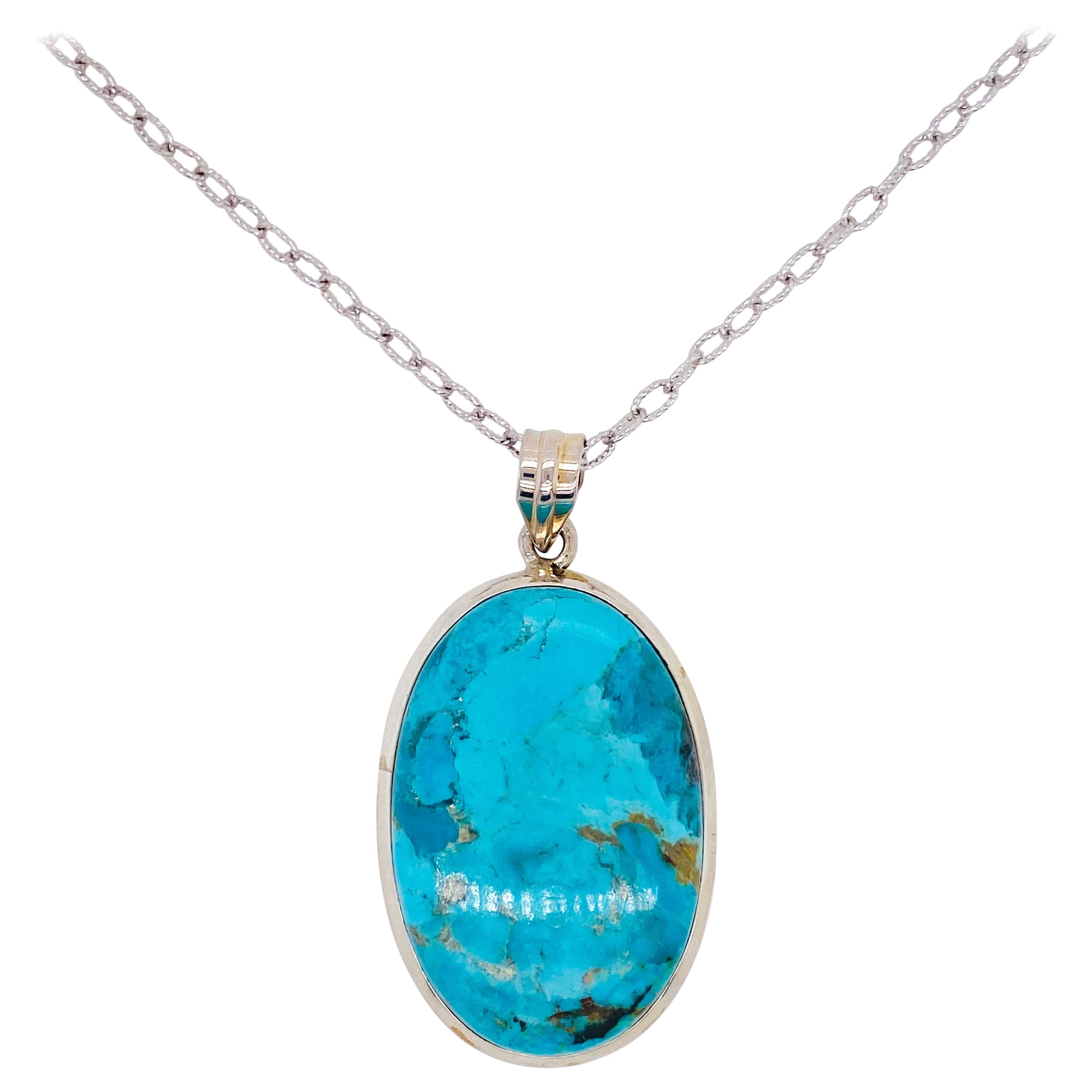 Organic Turquoise Pendant in Sterling Silver w Handmade Bezel w Oval Cable Chain