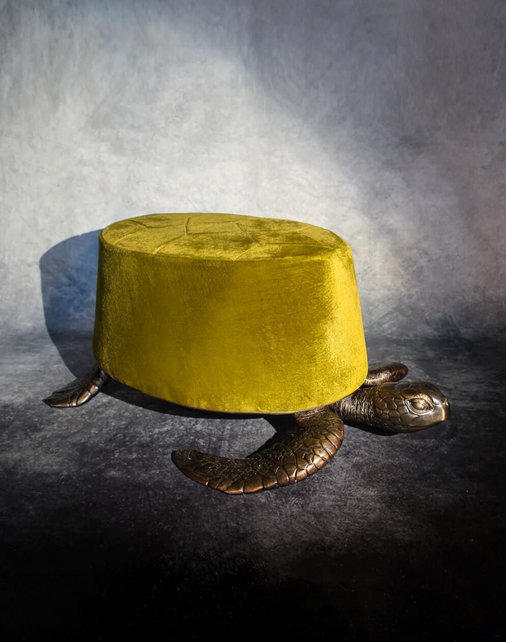 European Organic Turtle Shaped Velvet and Brass Stool or Ottoman For Sale