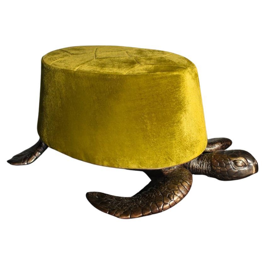 Organic Turtle Shaped Velvet and Brass Stool or Ottoman