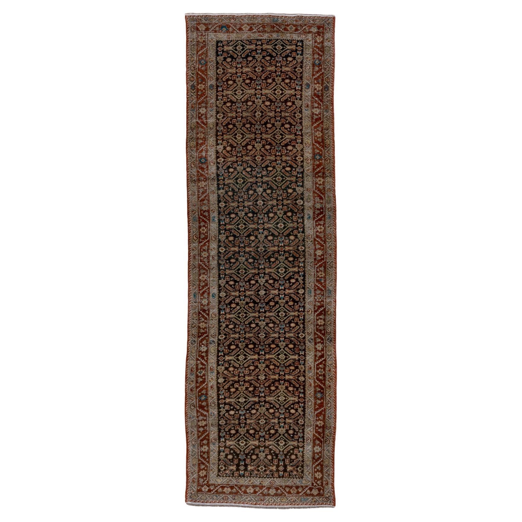 Organic Village Pattern Brown Blue Runner For Sale