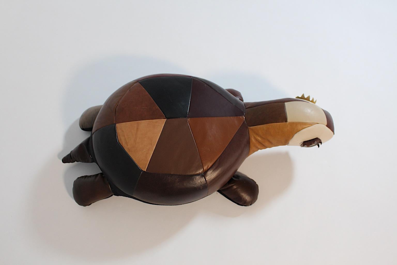 20th Century Organic Vintage Animal Turtle Brown Patchwork Leather Footstool 1970s Germany