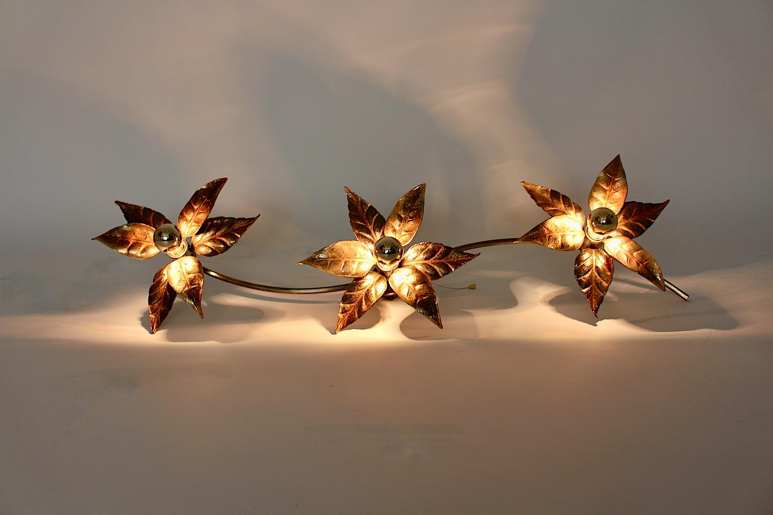 Organic Vintage Brass Gilt Flower Sconce Flush Mount Willy Daro 1970s Belgium For Sale 1