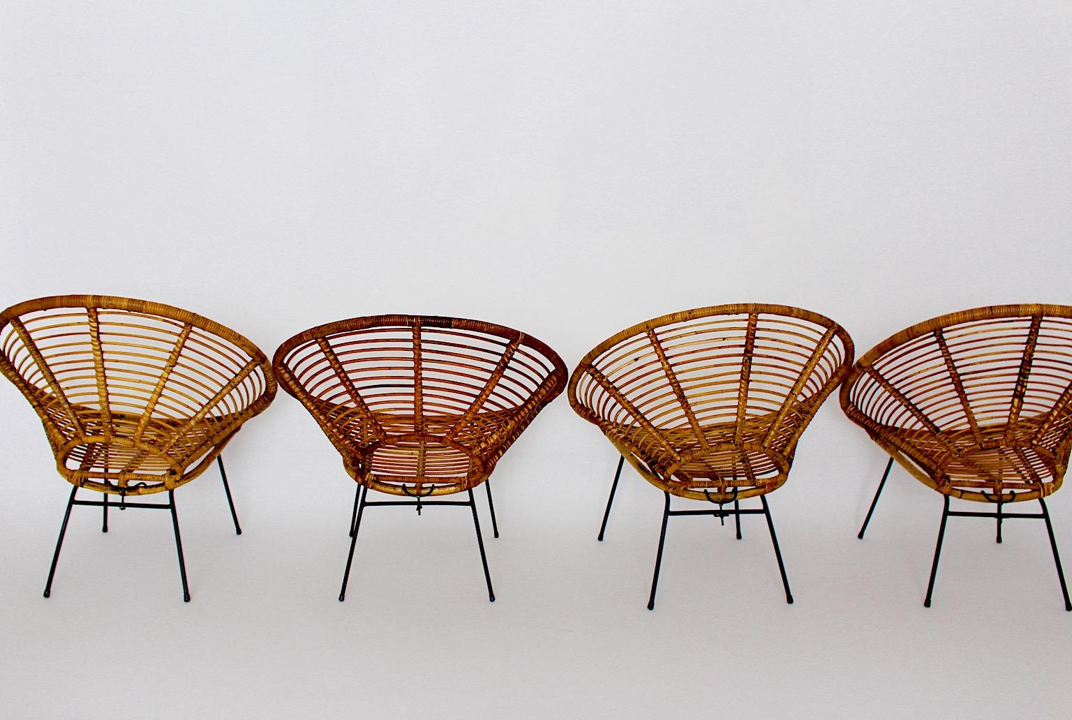 Organic Vintage Riviera Style Rattan Dining Chairs Patio Chairs Four 1950 France For Sale 1