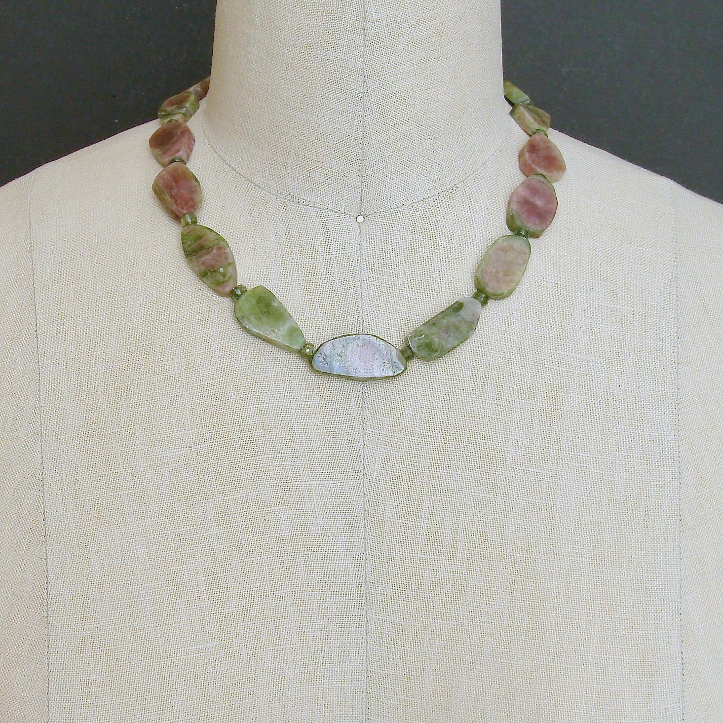 Organic Watermelon Tourmaline Slices Choker Necklace, Tanzy Necklace In New Condition In Colleyville, TX
