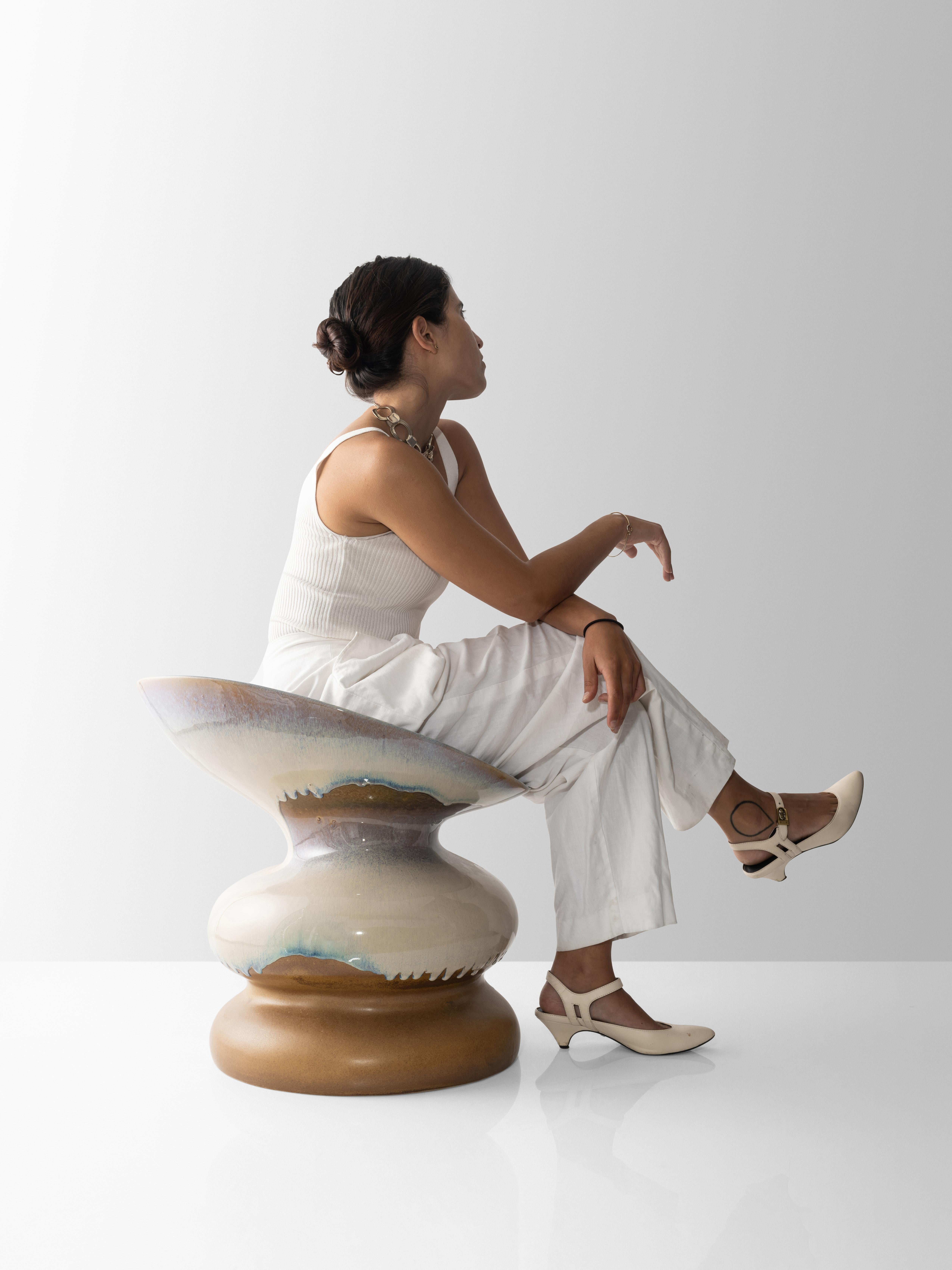 Glazed Organic Wave Form Ceramic Chair in Cream For Sale