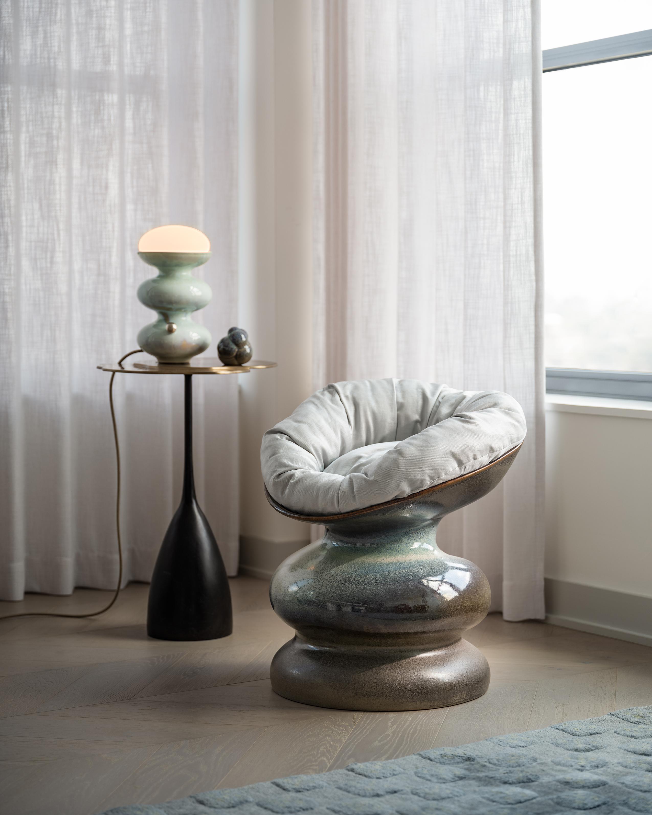 Organic Modern Organic Wave Form Ceramic Chair in Gray Blue with Cushion For Sale