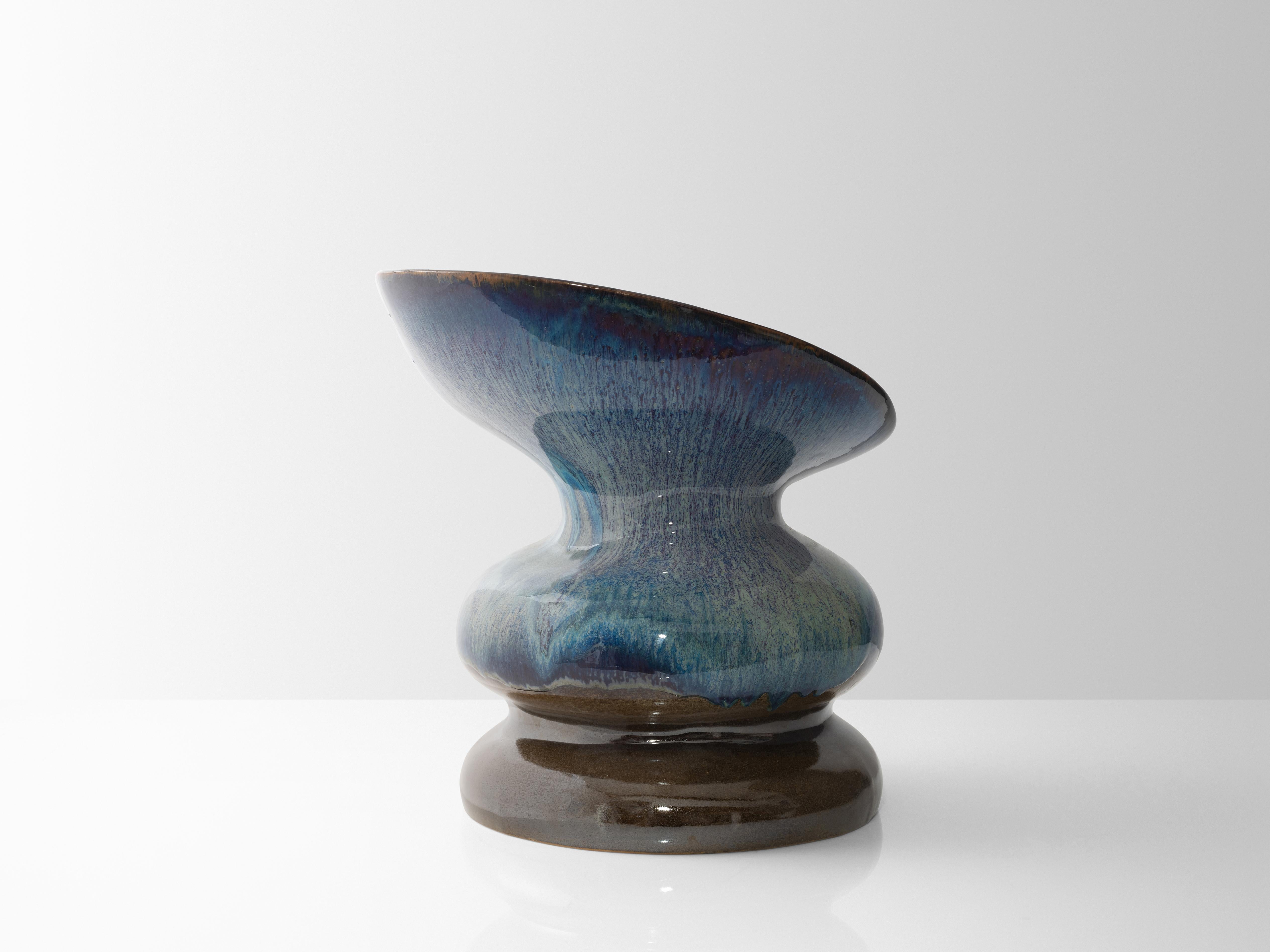 Glazed Organic Wave Form Ceramic Chair in Gray Blue with Cushion For Sale