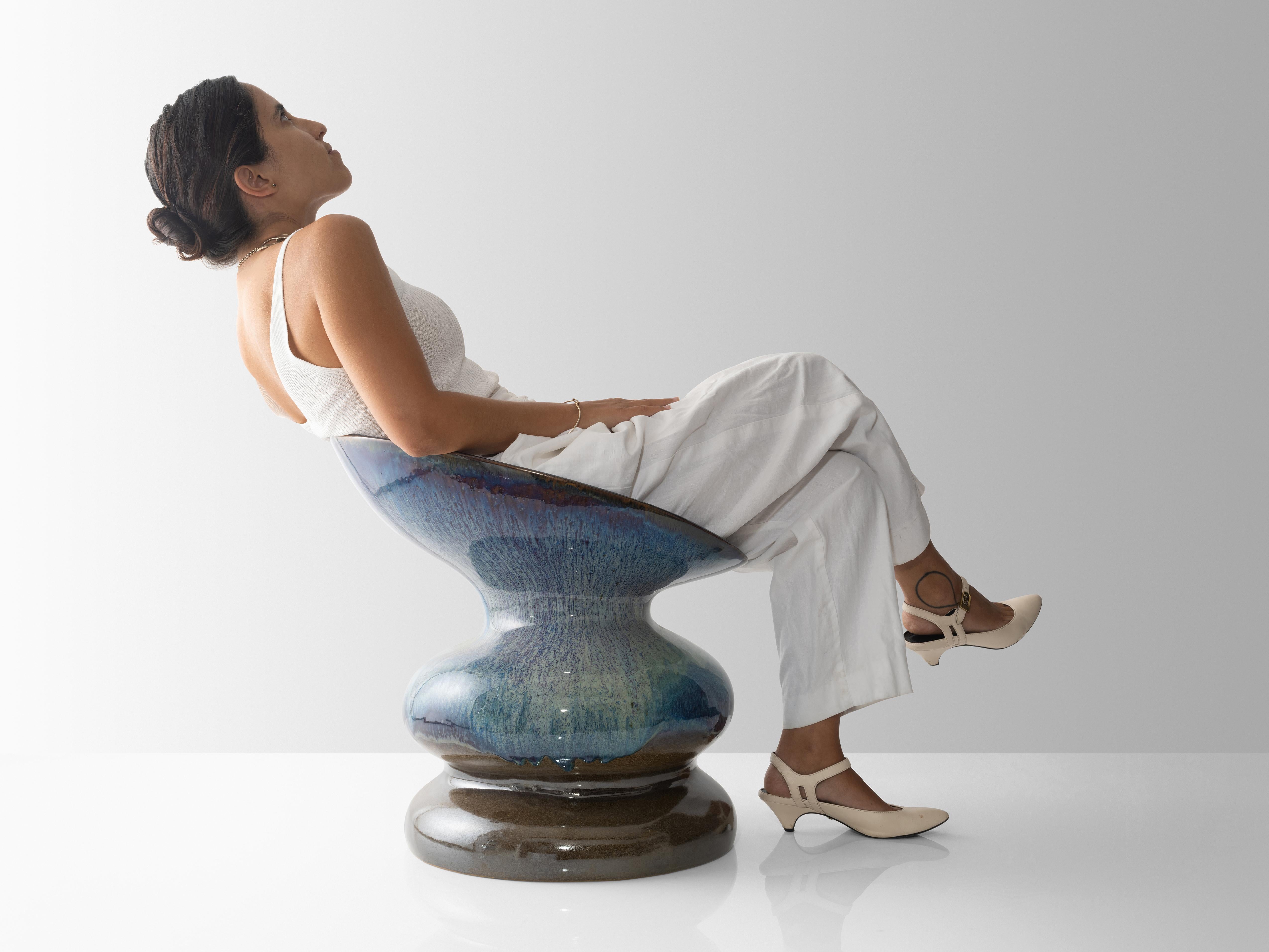 Organic Wave Form Ceramic Chair in Gray Blue with Cushion In New Condition For Sale In Brooklyn, NY