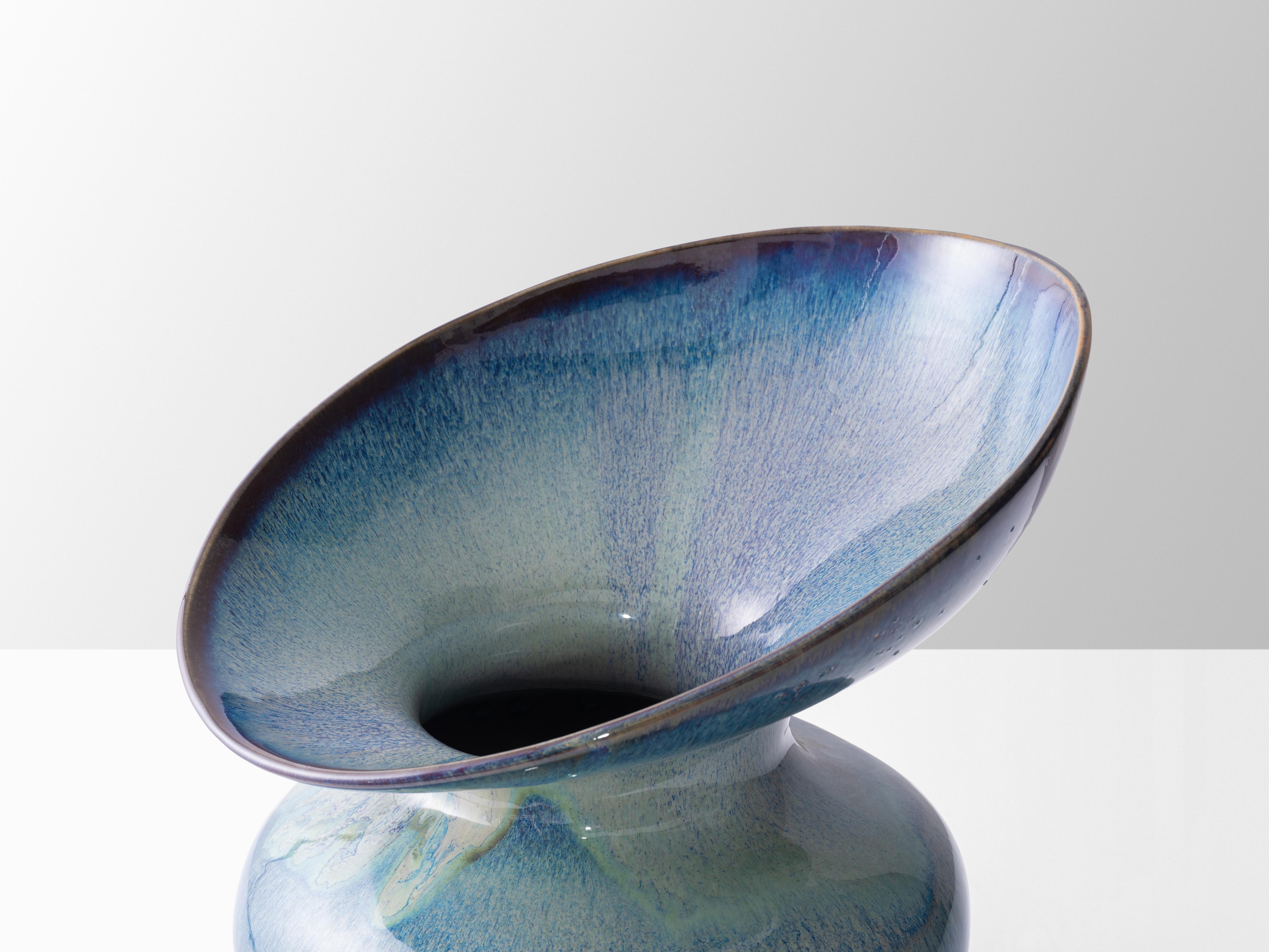 Contemporary Organic Wave Form Ceramic Chair in Gray Blue with Cushion For Sale